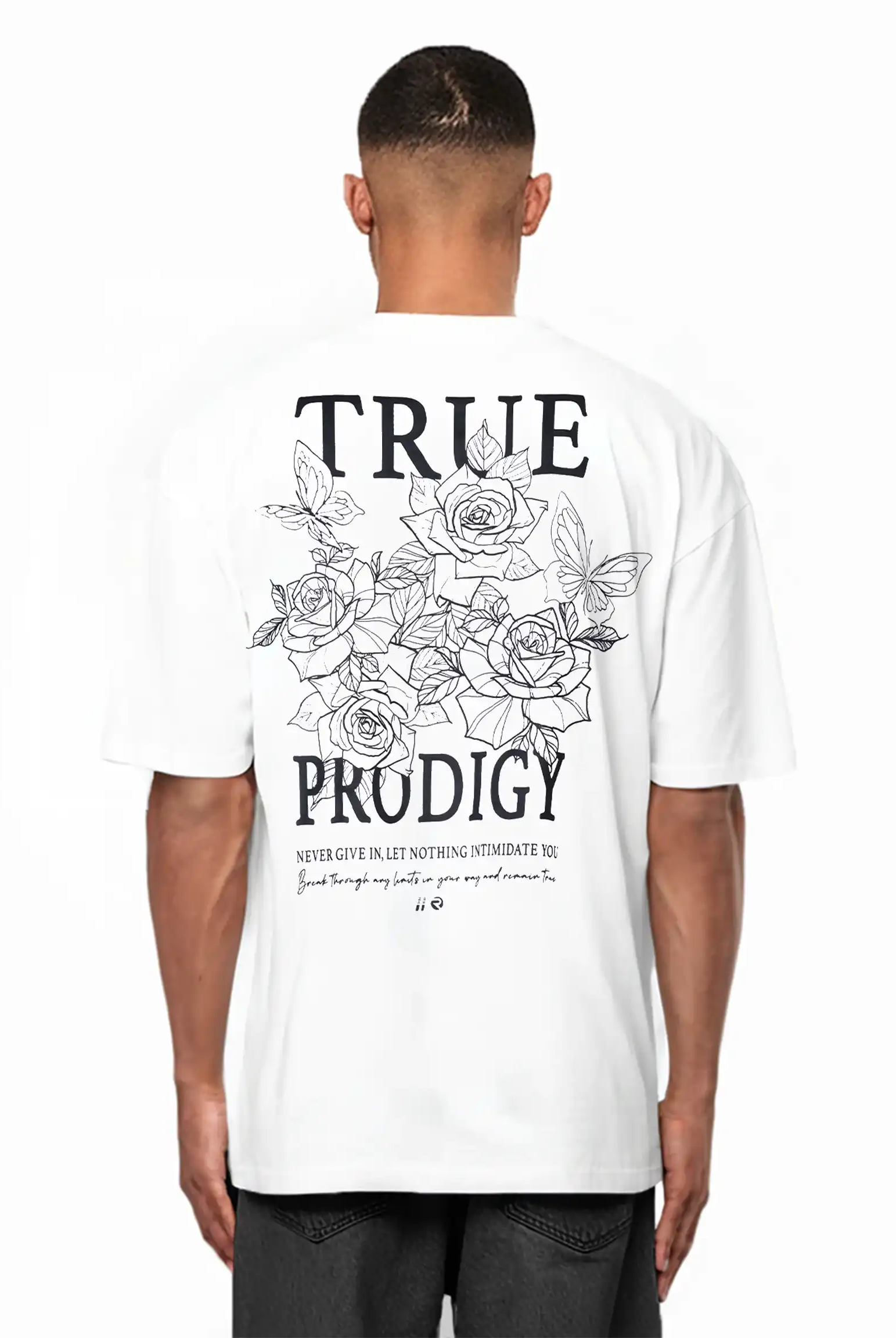 Das trueprodigy Alex Oversize-T-Shirt mit Rosenskizzen und dem trueprodigy-Logo als Vorder- und Rückendruck verbindet einen mutigen Stil mit modernem Komfort.