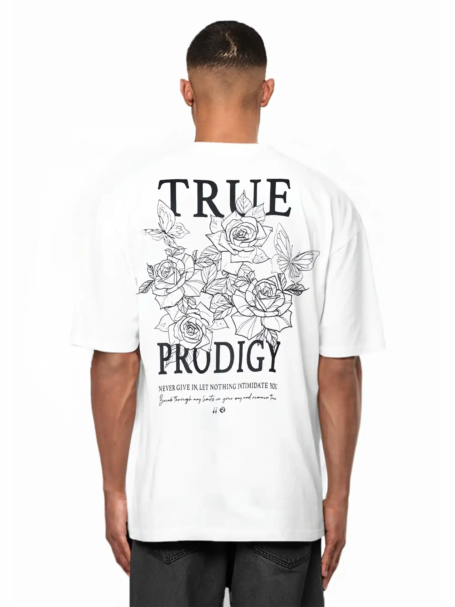 Das trueprodigy Alex Oversize-T-Shirt mit Rosenskizzen und dem trueprodigy-Logo als Vorder- und Rückendruck verbindet einen mutigen Stil mit modernem Komfort.