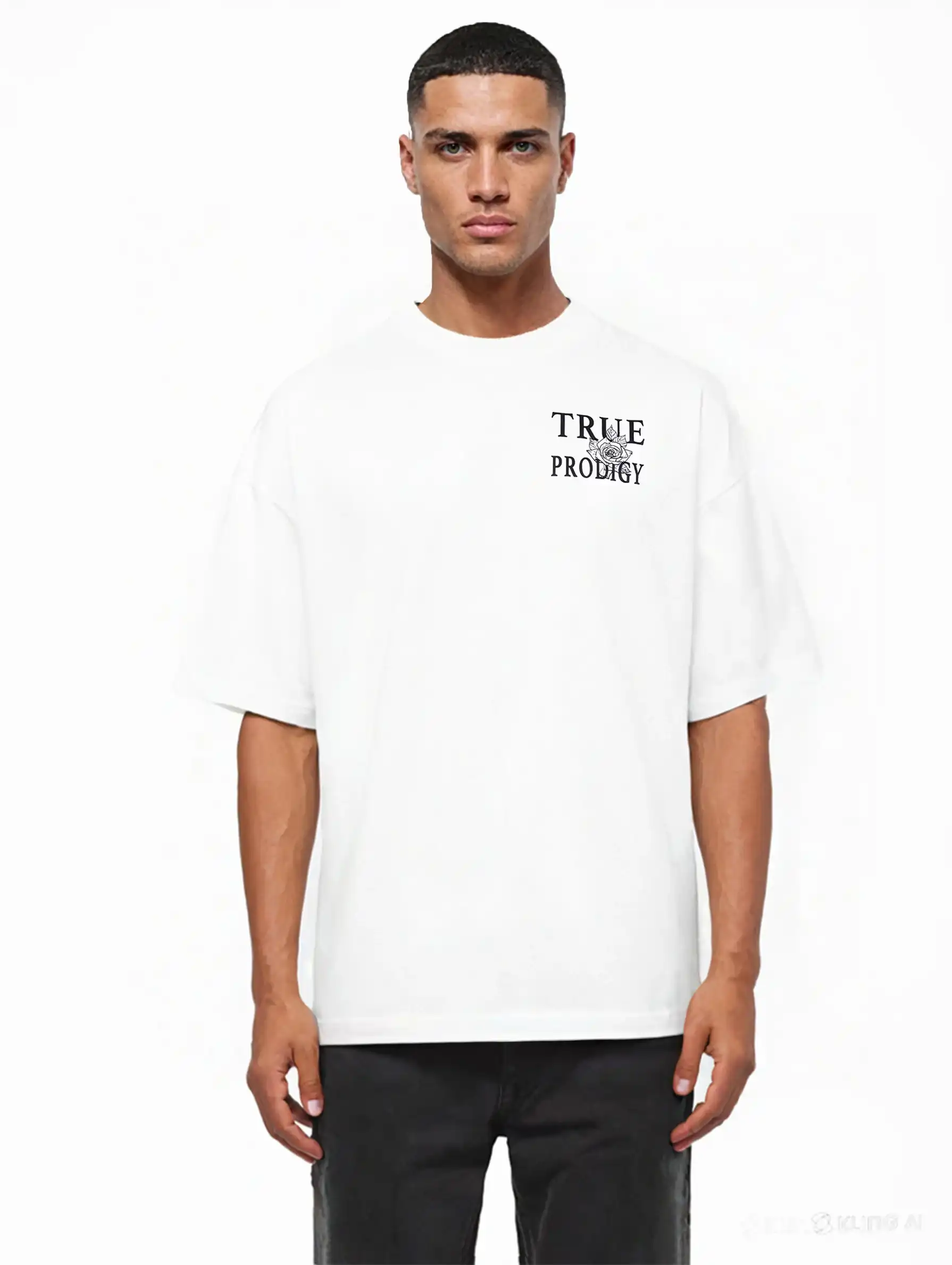 Ein Mann mit kurzen Haaren und neutralem Gesichtsausdruck trägt das trueprodigy Alex Oversize-T-Shirt, das auf der Vorder- und Rückseite mit skizzierten Rosen und dem Markenlogo bedruckt ist, vor einem schlichten weißen Hintergrund.