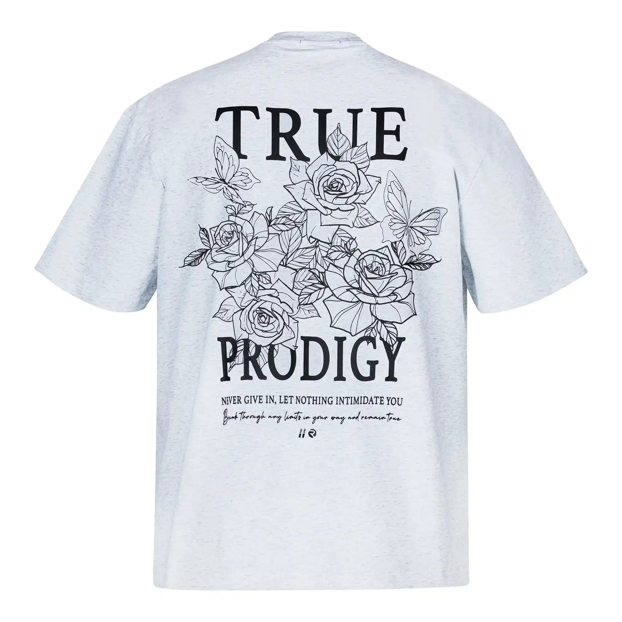 Das Alex F Oversize-T-Shirt von trueprodigy mit Sprüh-Smiley und trueprodigy-Logo auf Vorder- und Rückseite ist aus dickem, hellgrauem Jersey für Unisex gefertigt.