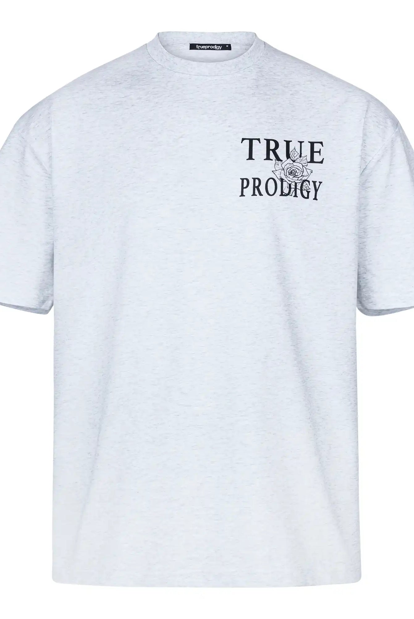 Das Alex F Oversize-T-Shirt von trueprodigy zeigt einen Spray-Smiley und ein trueprodigy-Logo auf der Vorder- und Rückseite. Es ist aus dickem Jersey in Hellgrau gefertigt, hat einen Rundhalsausschnitt und eine entspannte Unisex-Passform für klassischen Komfort.