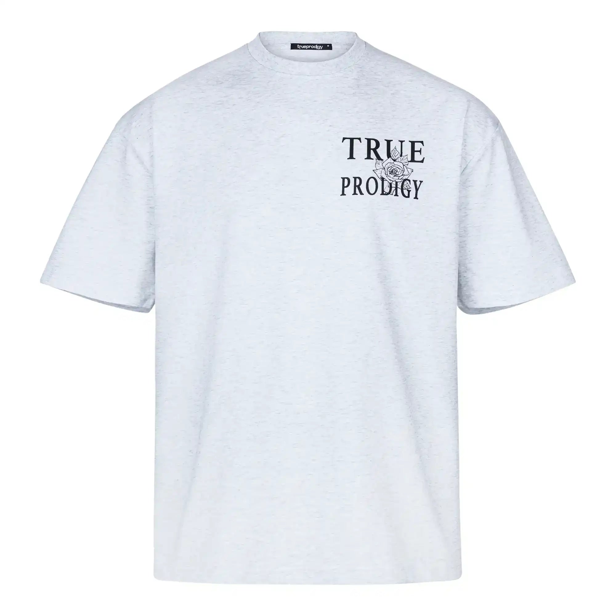 Das Alex Oversize-T-Shirt von trueprodigy zeigt eine Rosenskizze und das trueprodigy-Logo als Vorder- und Rückendruck. Dieses Unisex-Shirt auf weißem Grund kombiniert Komfort mit einem auffälligen grafischen Stil.
