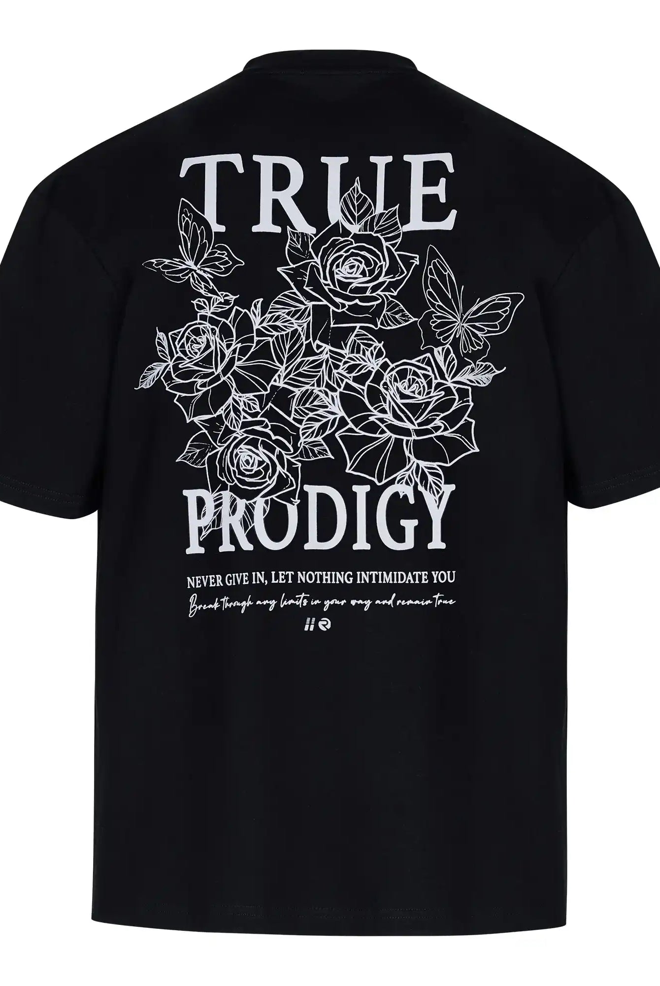 Das trueprodigy Alex Oversize-T-Shirt in schwarz besteht aus schwerem Jersey und bietet eine weiße Rosen-Skizze sowie Logo-Prints auf Front und Rücken - inklusive "Never give in. Lass dich von nichts einschüchtern" und handgeschriebenem Schriftzug.