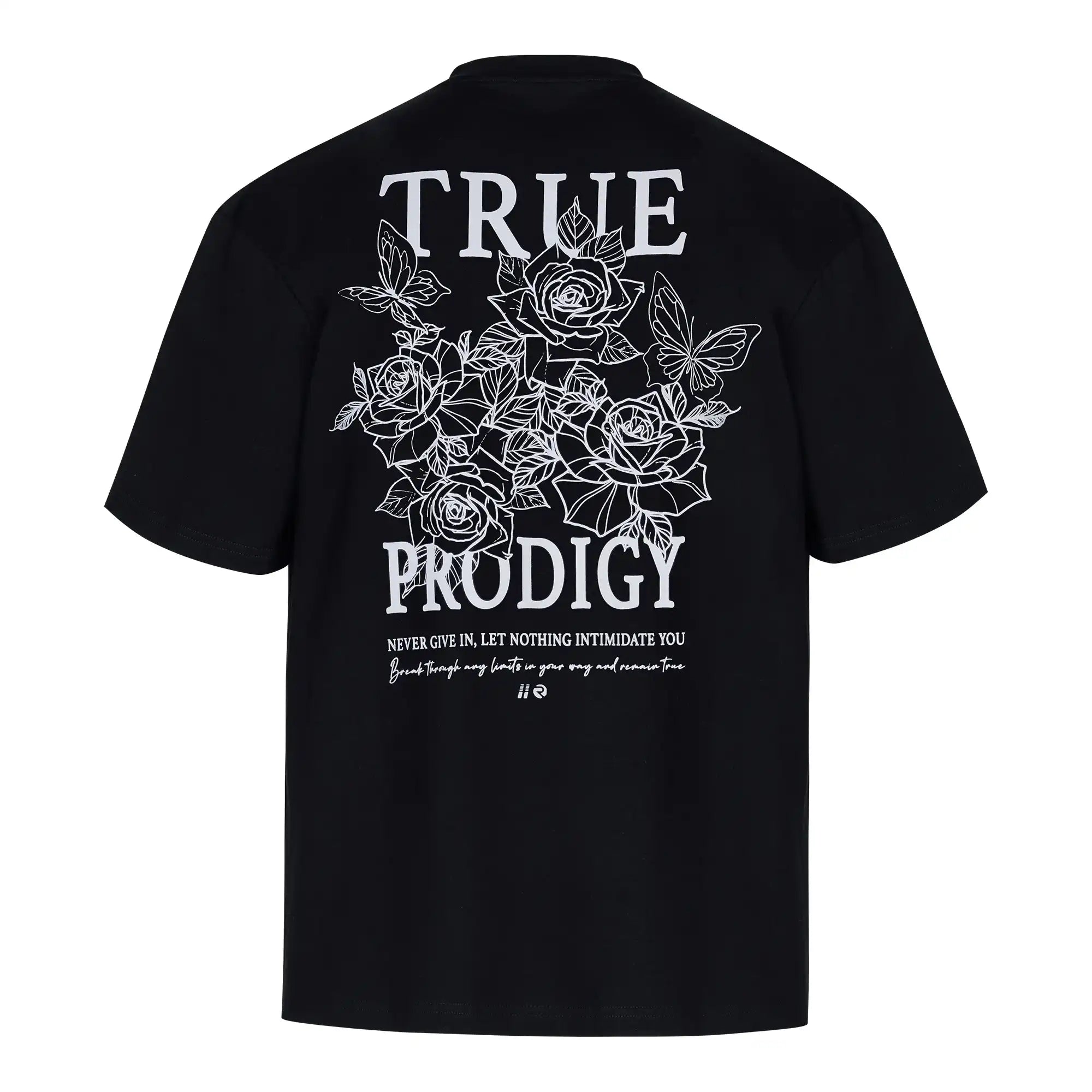 Das trueprodigy Alex Oversize-T-Shirt in schwarz besteht aus schwerem Jersey und bietet eine weiße Rosen-Skizze sowie Logo-Prints auf Front und Rücken - inklusive "Never give in. Lass dich von nichts einschüchtern" und handgeschriebenem Schriftzug.