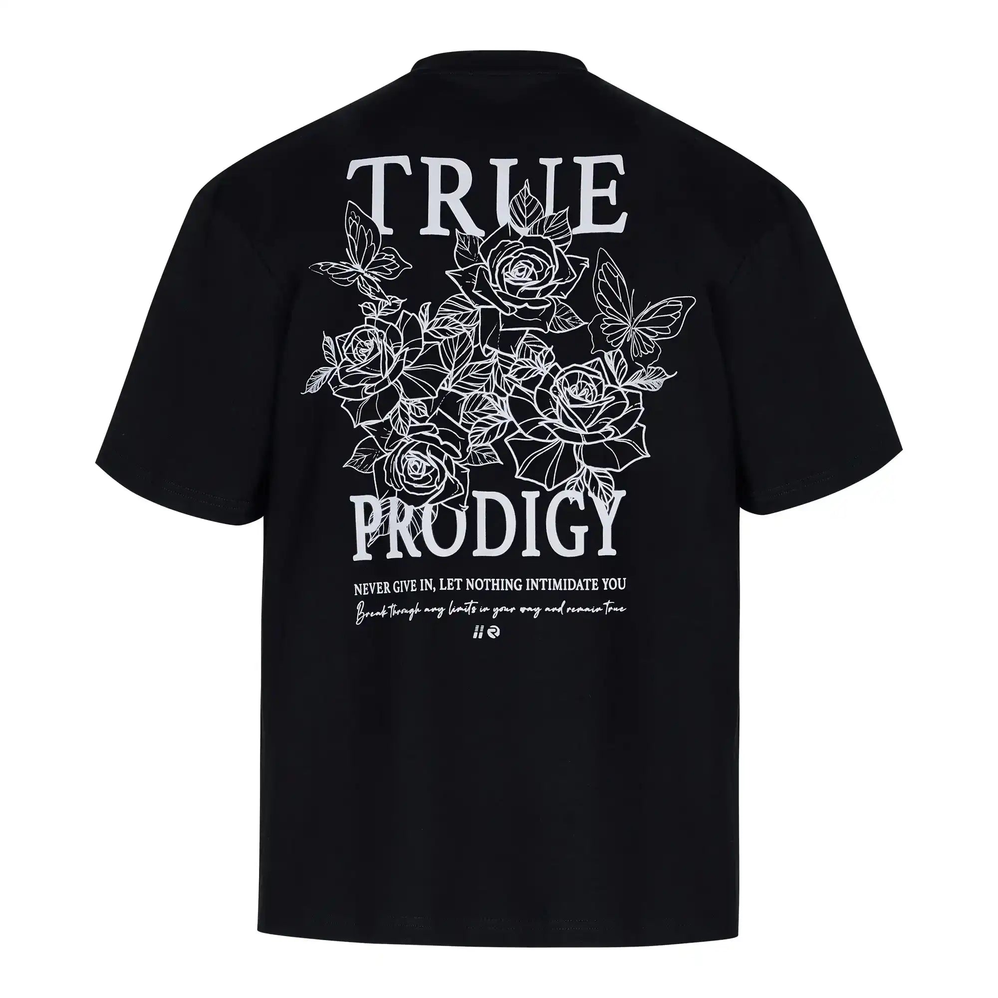 Das trueprodigy Alex Oversize-T-Shirt in schwarz besteht aus schwerem Jersey und bietet eine weiße Rosen-Skizze sowie Logo-Prints auf Front und Rücken - inklusive "Never give in. Lass dich von nichts einschüchtern" und handgeschriebenem Schriftzug.