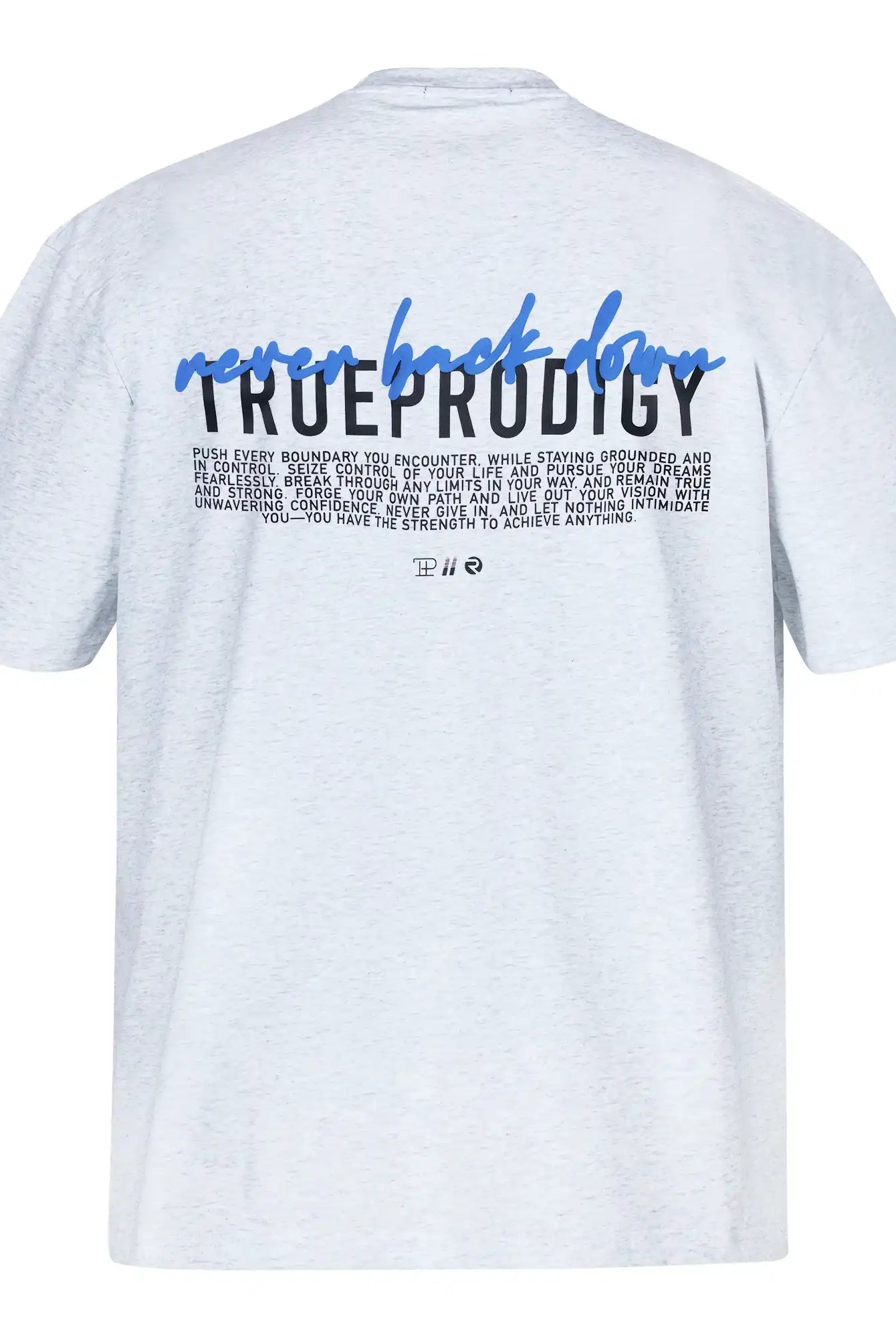 Das Lior F Oversize-Damen-T-Shirt von trueprodigy verfügt über ein Rückenstatement "never back down" und bietet eine stylische Unisex-Passform in hellgrauem schweren Jerseystoff.