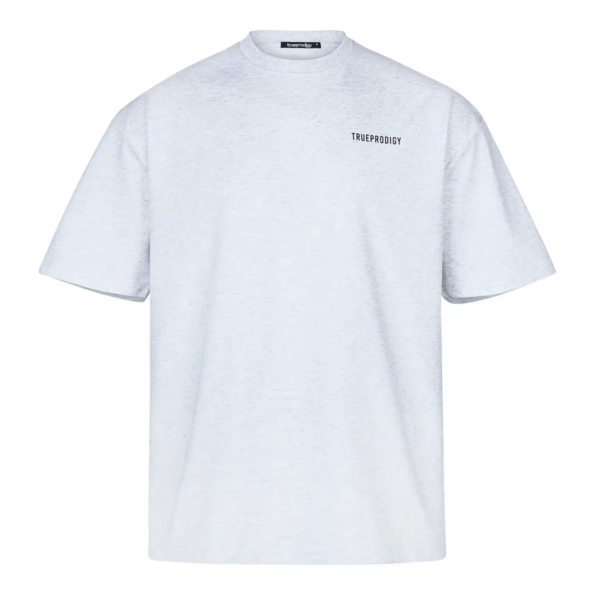 Das Lior Oversize-T-Shirt von trueprodigy hat ein kleines schwarzes Logo auf der Brust und einen "never back down"-Rückenprint. Es ist aus dickem, hellgrauem Jersey gefertigt und bietet eine entspannte Passform und einen klassischen Rundhalsausschnitt für Unisex-Style.