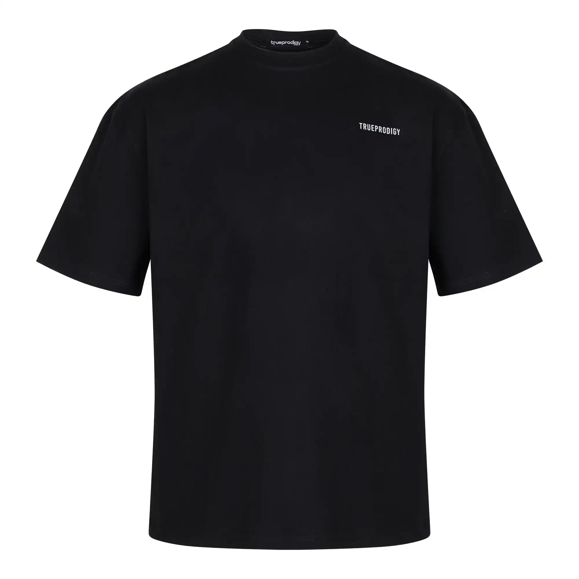 Das Lior Oversize-T-Shirt von trueprodigy hat einen Rundhalsausschnitt, eine normale Passform und ein kleines Brustlogo mit TRUEPRODIGY-Schriftzug sowie einen "never back down"-Druck auf dem Rücken. Hergestellt aus dickem schwarzem Jersey-Stoff.