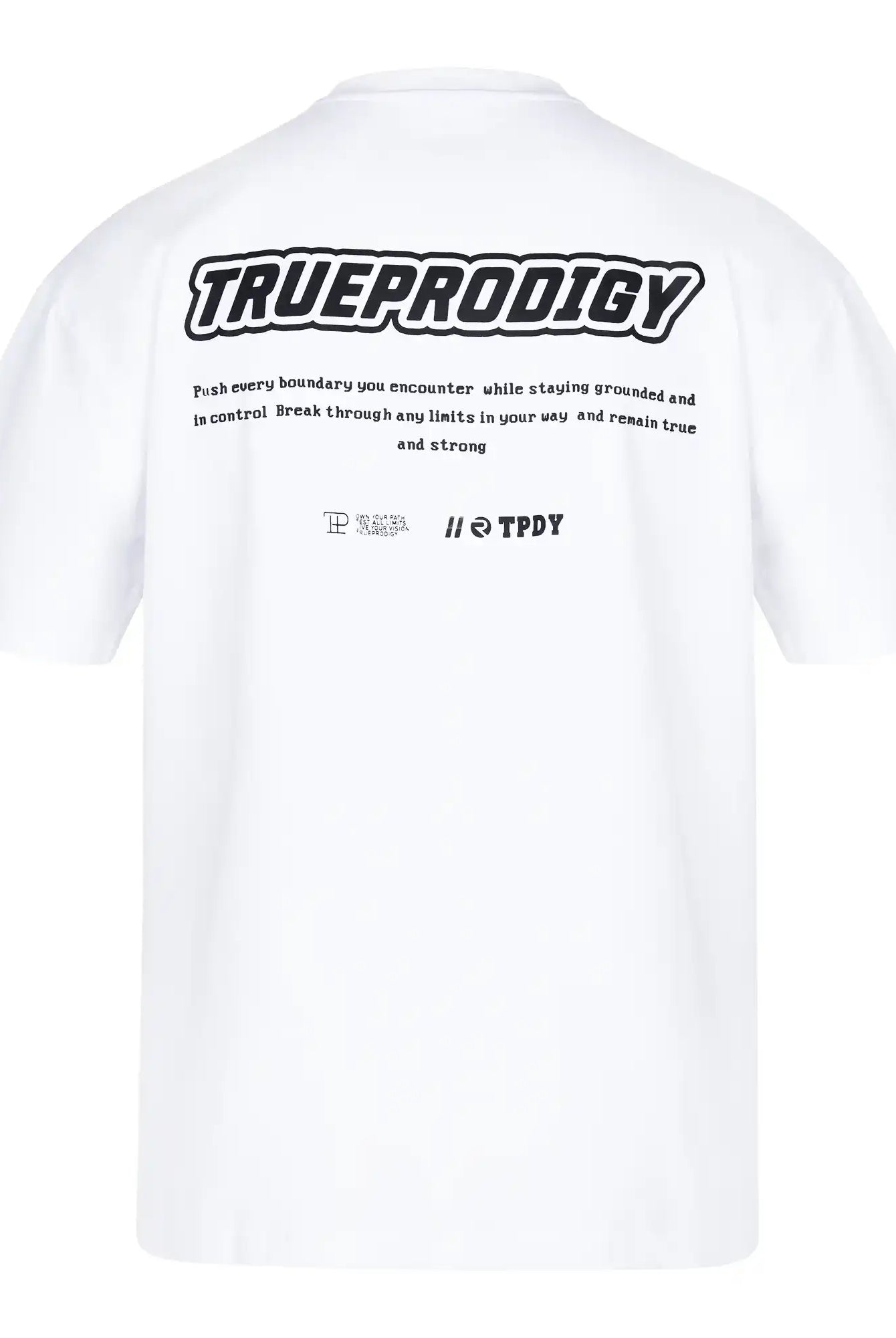 Rückansicht des Eden F Oversize-T-Shirts von trueprodigy aus schwerem Jersey, mit einem auffälligen 3D-Logo-Print auf der Vorderseite und einem großen Rückendruck mit motivierendem Text und Markenlogos in der Nähe des Saums.