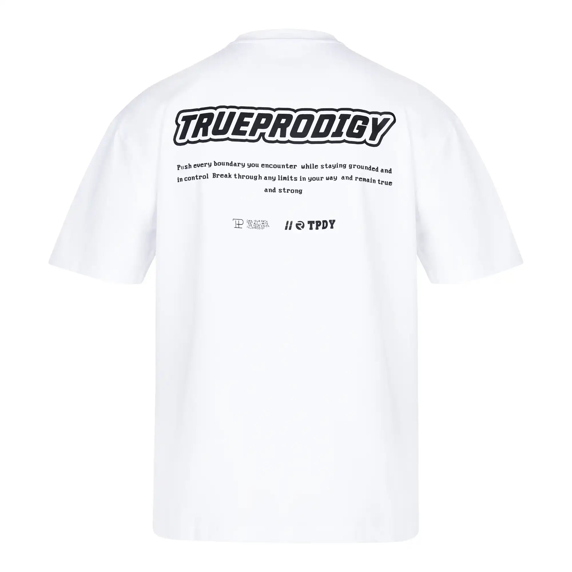 Rückansicht des Eden F Oversize-T-Shirts von trueprodigy aus schwerem Jersey, mit einem auffälligen 3D-Logo-Print auf der Vorderseite und einem großen Rückendruck mit motivierendem Text und Markenlogos in der Nähe des Saums.
