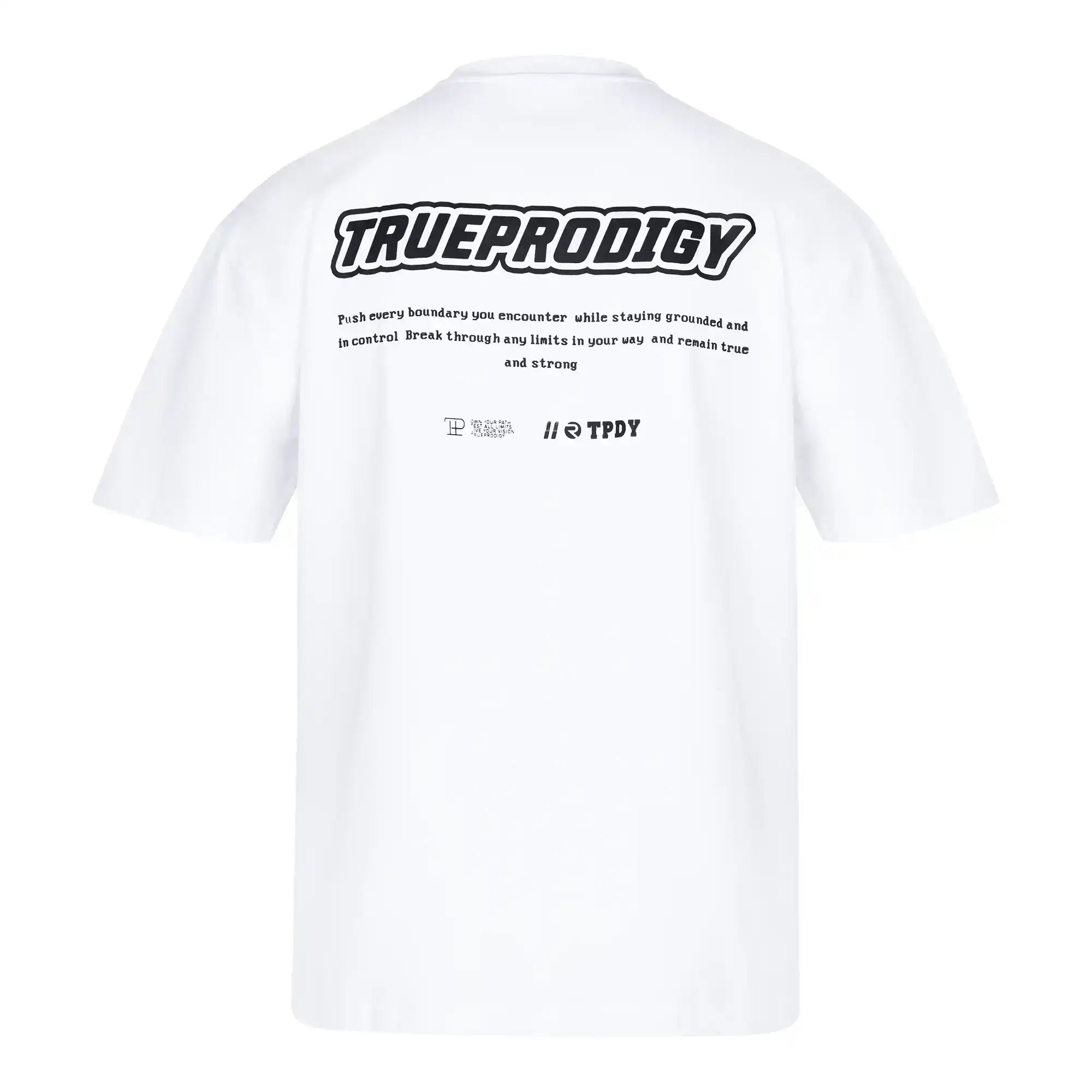 Rückansicht des Eden F Oversize-T-Shirts von trueprodigy aus schwerem Jersey, mit einem auffälligen 3D-Logo-Print auf der Vorderseite und einem großen Rückendruck mit motivierendem Text und Markenlogos in der Nähe des Saums.