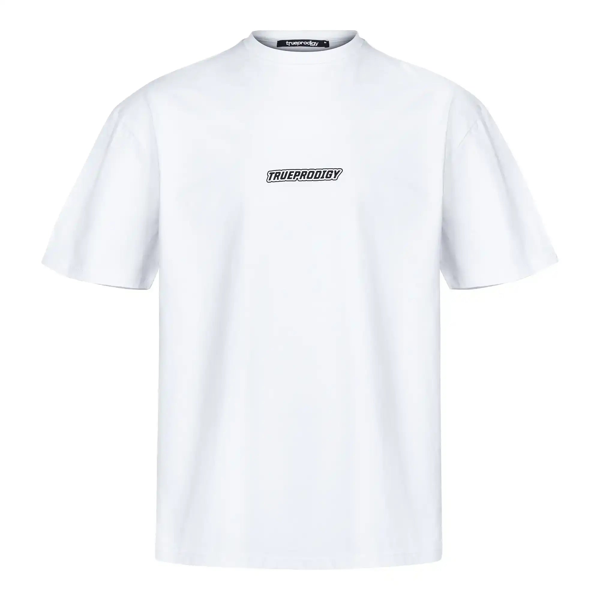 Das Eden Oversize-Shirt von trueprodigy ist auf weißem Hintergrund abgebildet und hat einen 3D-Logo-Schaumstoffdruck auf der Brust und dem Rücken. Hergestellt aus schwerem Jersey für Komfort und Haltbarkeit.