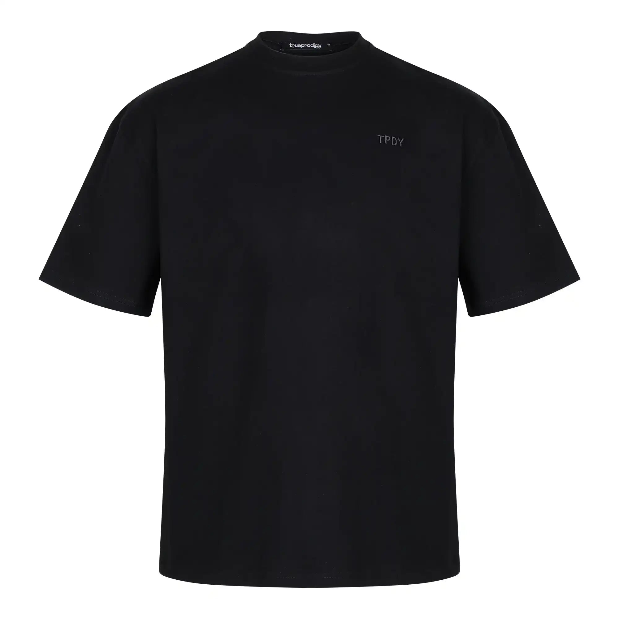 Das trueprodigy Haram Oversize-Herren-T-Shirt verfügt über ein dezentes TPDY-Sticklogo auf der Brust, besteht aus schwerem Jerseystoff und liegt in Schwarz flach vor weißem Hintergrund.