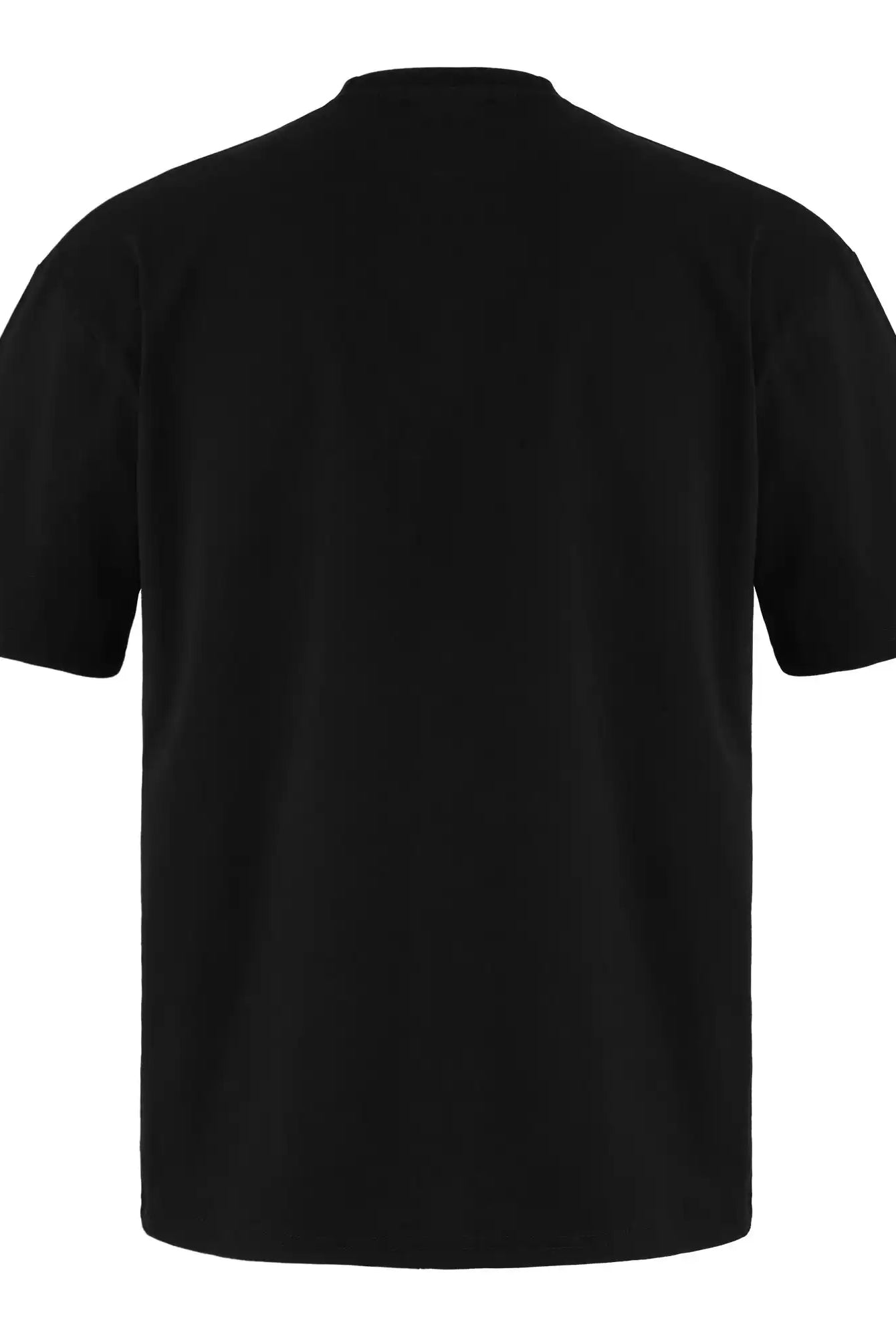 Das trueprodigy Miles Oversized T-Shirt mit Druck ist ein schwarzes Unisex-Shirt mit kurzen Ärmeln und Rundhalsausschnitt, abgebildet von hinten auf weißem Hintergrund. Es ist aus schwerem Jersey gefertigt, hat eine lockere Passform und ist ohne sichtbare Muster oder Logos.