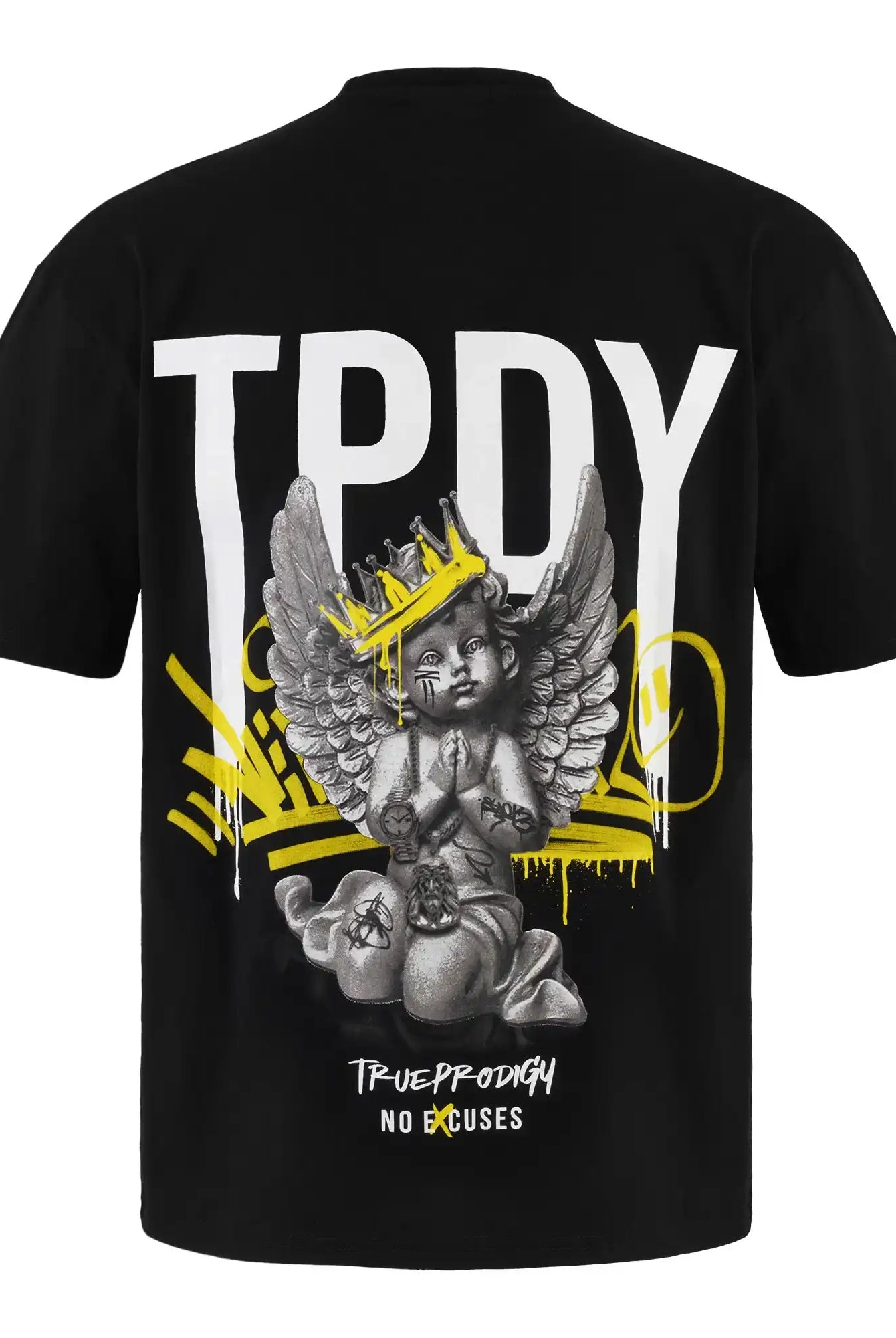 Das Jinx Oversized T-Shirt mit Druck von trueprodigy ist ein schwarzes Unisex-T-Shirt mit fettem weißem TPDY-Schriftzug, einer grauen Engelsgrafik mit gelber Krone und Graffiti sowie dem Aufdruck "True Prodigy No Excuses" am unteren Rand.