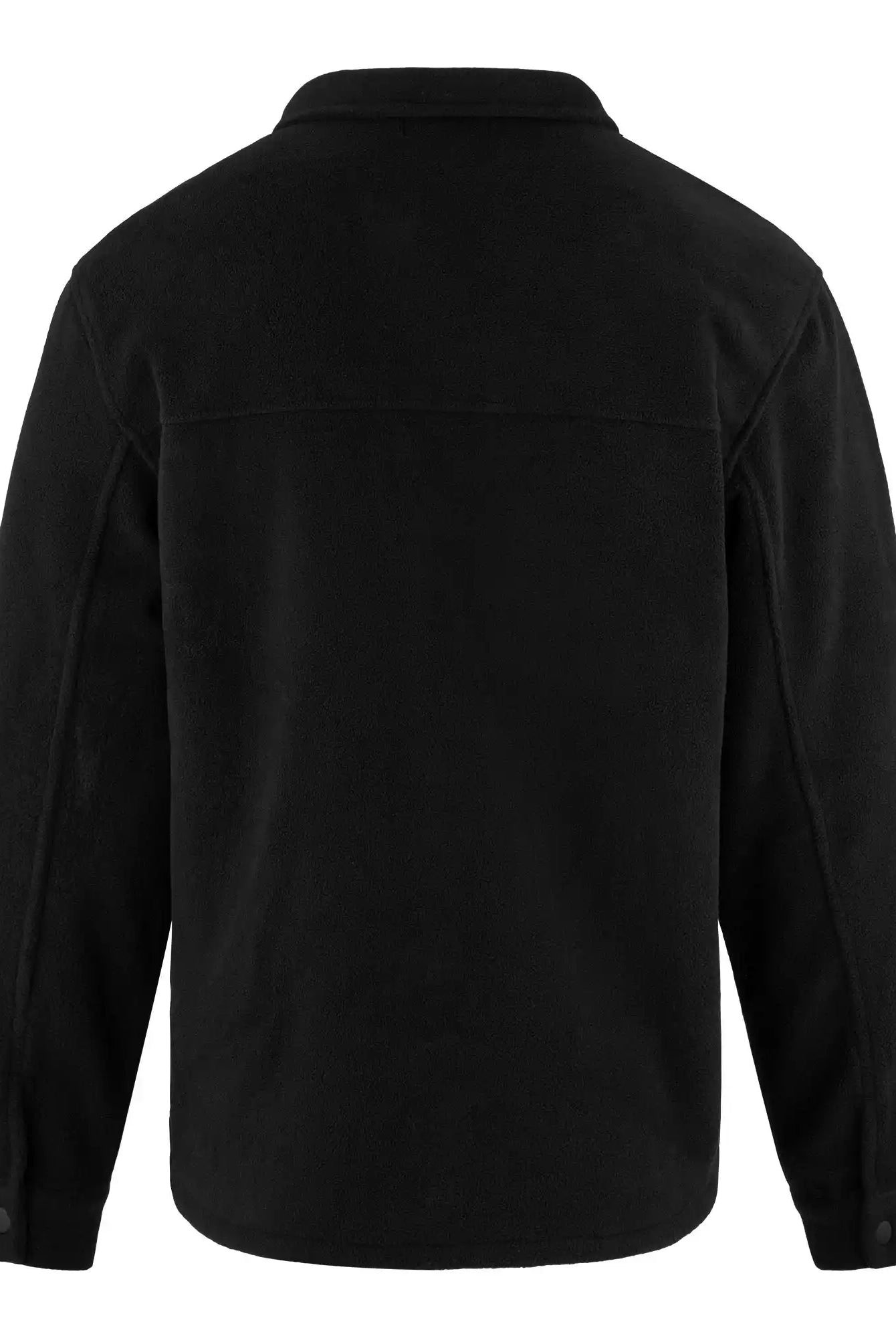 Das schwarze Bill Fleece Oversized Hemd von trueprodigy zeigt sich von hinten mit gerader Passe, Umlegekragen und geknöpften Manschetten. Der weiche, leicht strukturierte Stoff ist der typische trueprodigy-Stil ohne sichtbare Logos oder Muster.