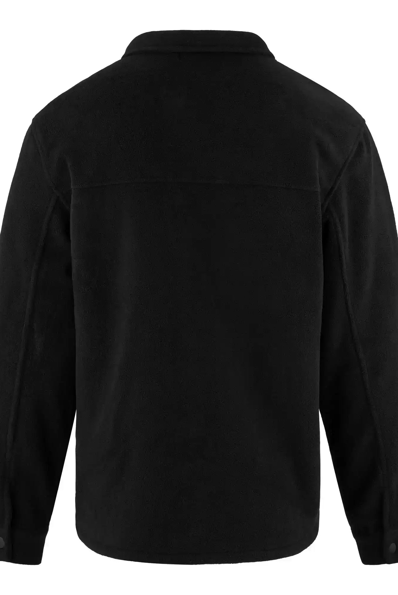 Das schwarze Bill Fleece Oversized Hemd von trueprodigy zeigt sich von hinten mit gerader Passe, Umlegekragen und geknöpften Manschetten. Der weiche, leicht strukturierte Stoff ist der typische trueprodigy-Stil ohne sichtbare Logos oder Muster.
