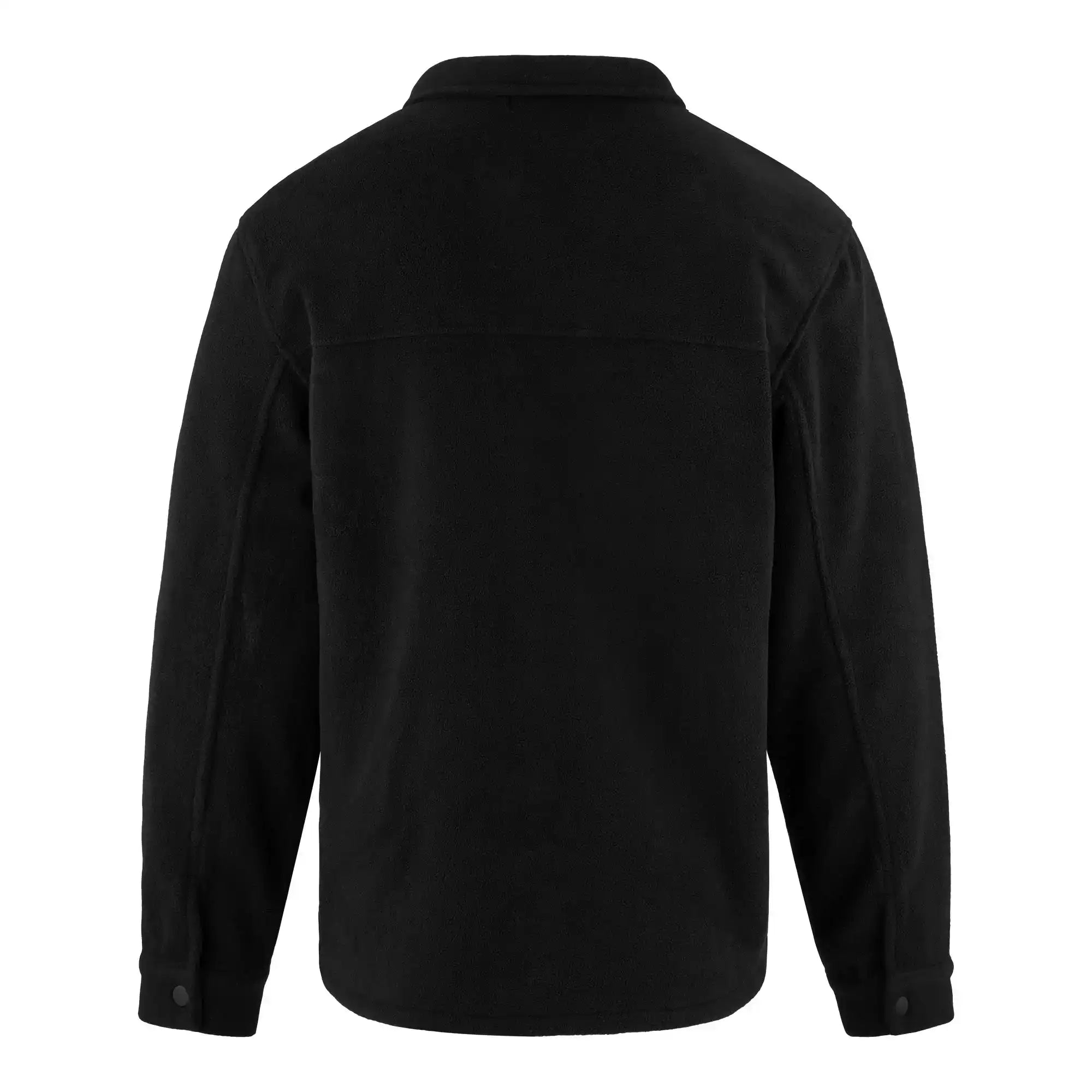 Das schwarze Bill Fleece Oversized Hemd von trueprodigy zeigt sich von hinten mit gerader Passe, Umlegekragen und geknöpften Manschetten. Der weiche, leicht strukturierte Stoff ist der typische trueprodigy-Stil ohne sichtbare Logos oder Muster.