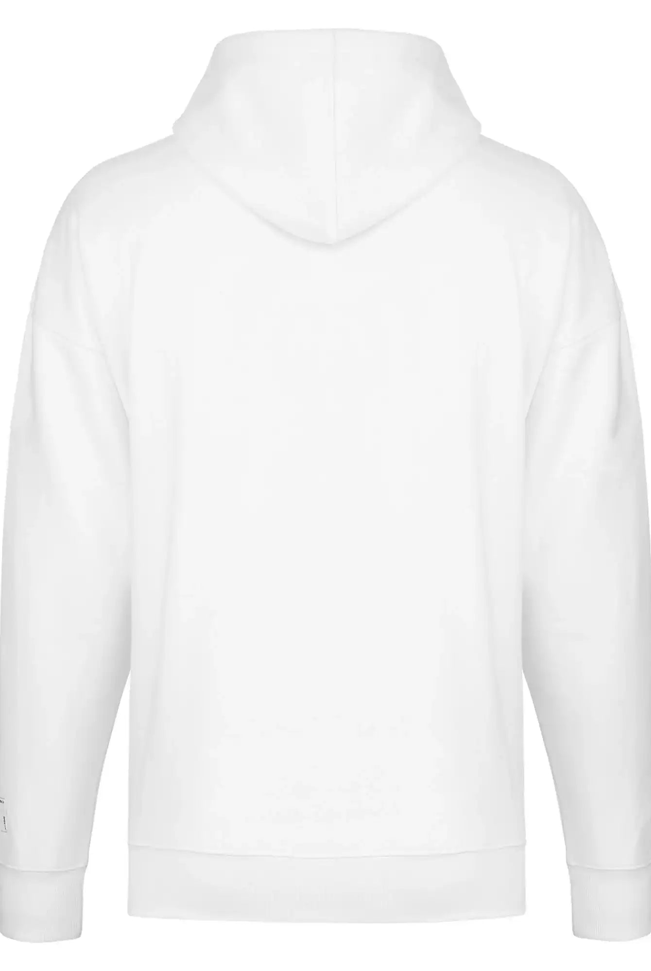 Der trueprodigy Tobi Oversized Hoodie mit Print wird von hinten gezeigt. Dieses Unisex-Sweatshirt hat lange Ärmel, eine lockere Passform und ein kleines weißes Etikett am linken unteren Ärmel. Es sind keine anderen Designs oder Logos sichtbar.