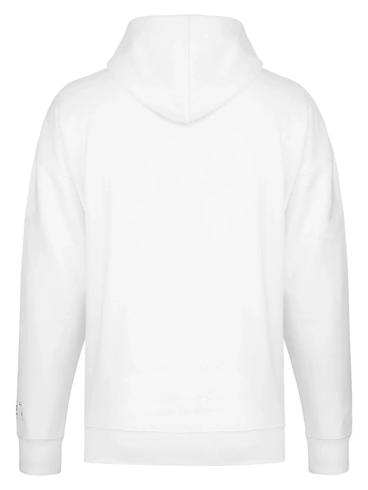 Der trueprodigy Tobi Oversized Hoodie mit Print wird von hinten gezeigt. Dieses Unisex-Sweatshirt hat lange Ärmel, eine lockere Passform und ein kleines weißes Etikett am linken unteren Ärmel. Es sind keine anderen Designs oder Logos sichtbar.