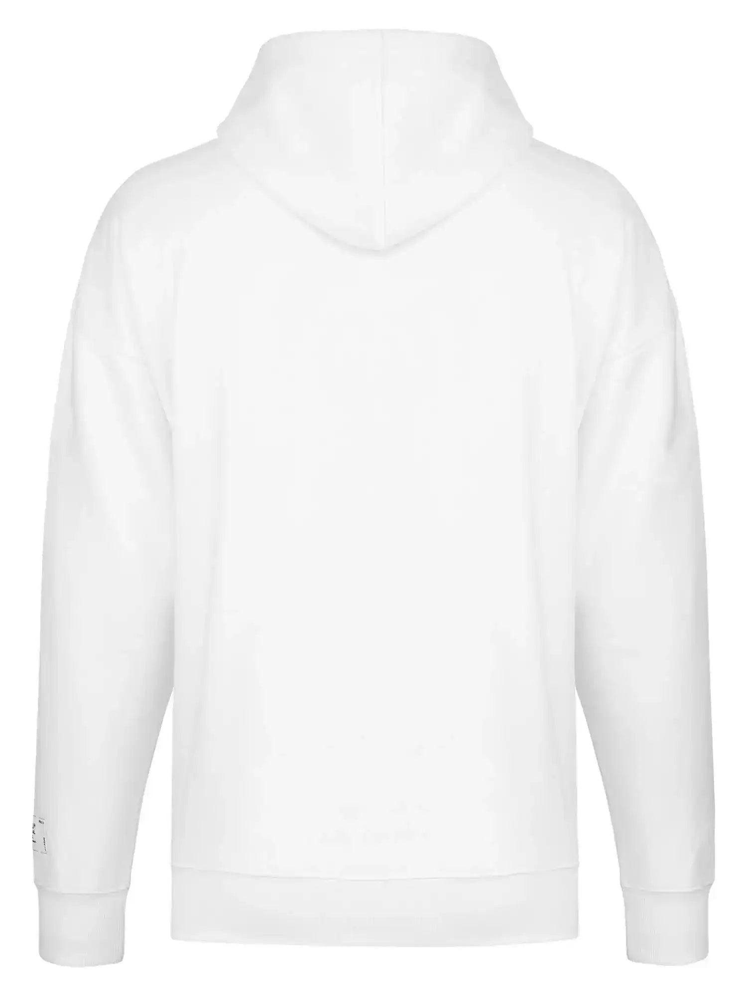 Der trueprodigy Tobi Oversized Hoodie mit Print wird von hinten gezeigt. Dieses Unisex-Sweatshirt hat lange Ärmel, eine lockere Passform und ein kleines weißes Etikett am linken unteren Ärmel. Es sind keine anderen Designs oder Logos sichtbar.