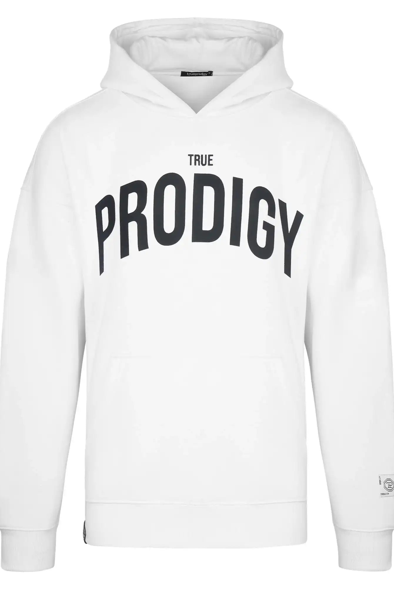 Der Tobi Oversized Hoodie mit Print von trueprodigy ist ein weißer Unisex-Kapuzenpulli mit einer Fronttasche und einem auffälligen TRUE PRODIGY-Schriftzug auf der Brust - ideal für Fans des trueprodigy-Styles.