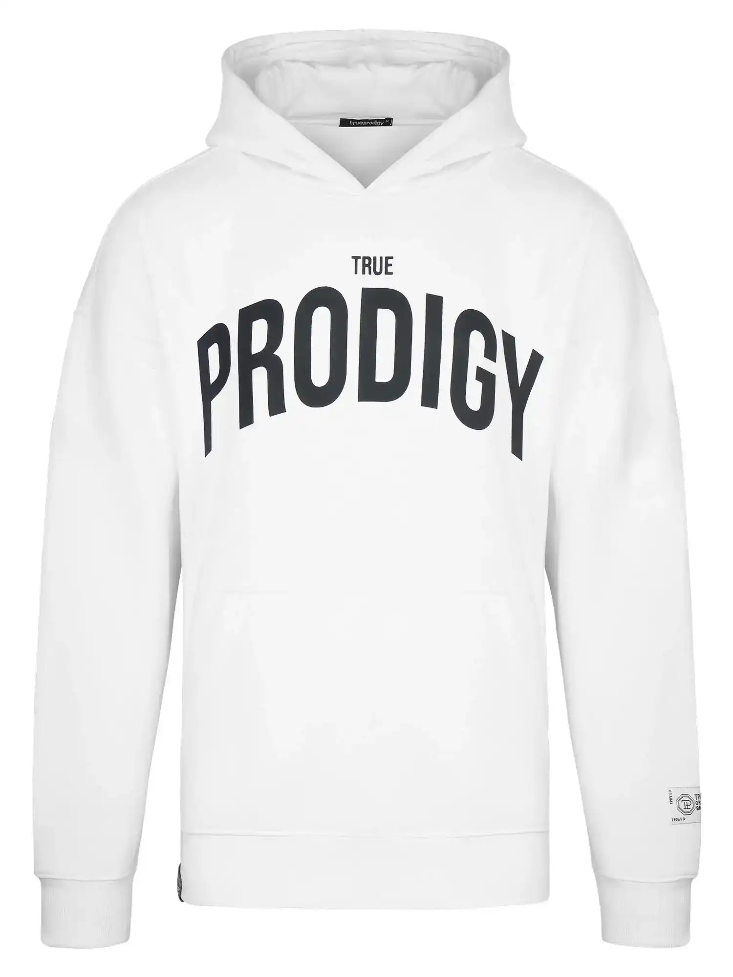 Der Tobi Oversized Hoodie mit Print von trueprodigy ist ein weißer Unisex-Kapuzenpulli mit einer Fronttasche und einem auffälligen TRUE PRODIGY-Schriftzug auf der Brust - ideal für Fans des trueprodigy-Styles.