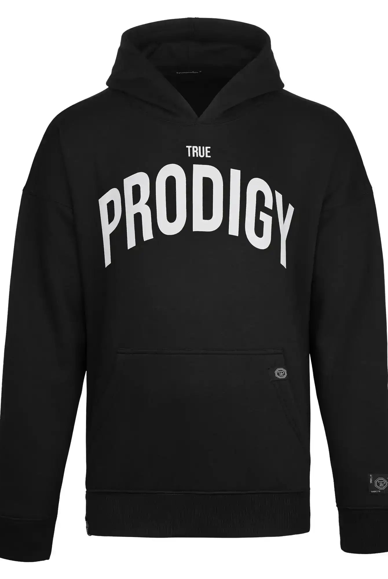 Der trueprodigy Tobi Oversized Hoodie mit Print ist ein Unisex-Kapuzenpulli mit gerippten Bündchen und Saum, einer Fronttasche und einem auffälligen weißen TRUE PRODIGY-Print auf der Brust für Komfort und Style.