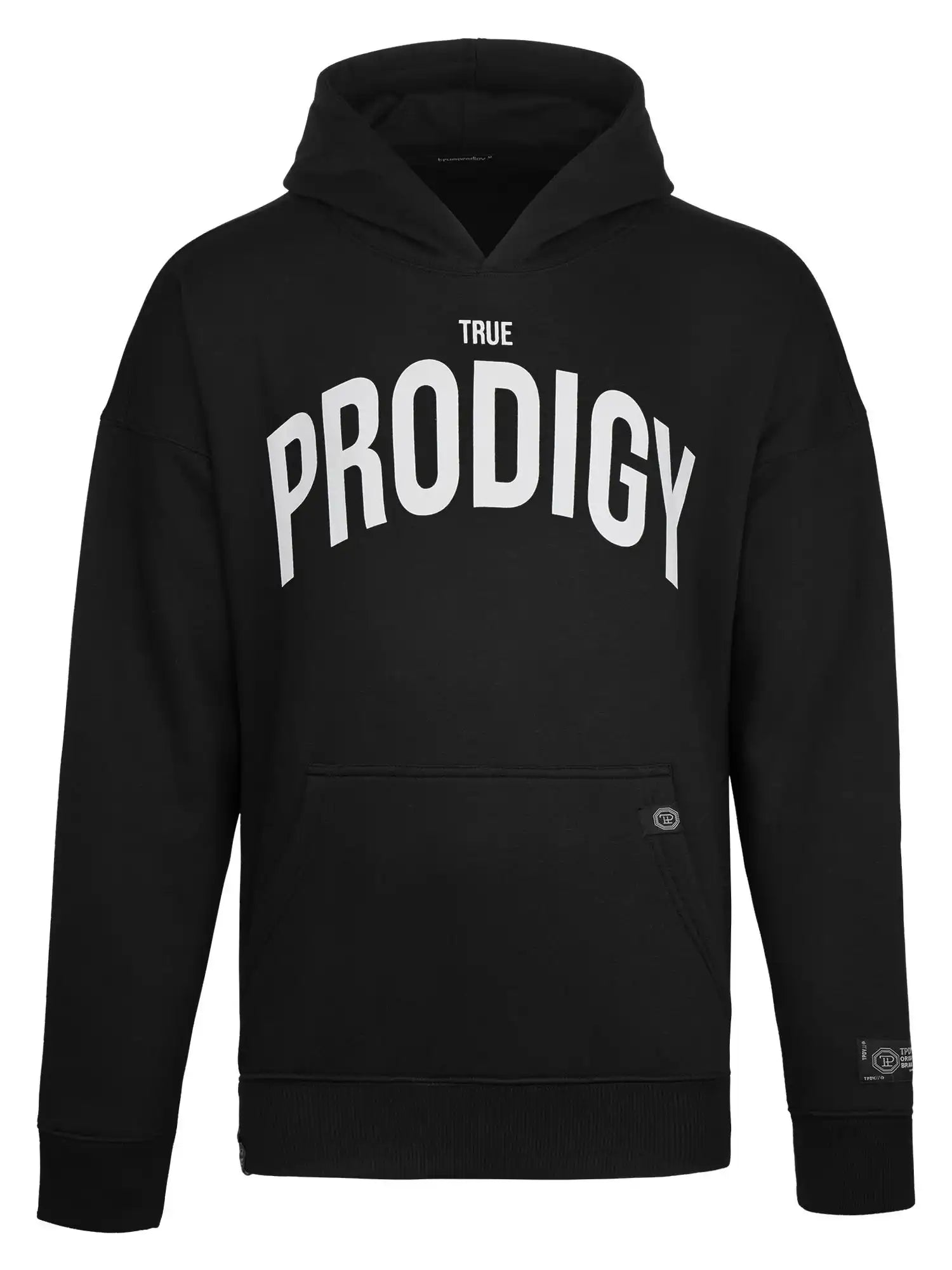 Der trueprodigy Tobi Oversized Hoodie mit Print ist ein Unisex-Kapuzenpulli mit gerippten Bündchen und Saum, einer Fronttasche und einem auffälligen weißen TRUE PRODIGY-Print auf der Brust für Komfort und Style.