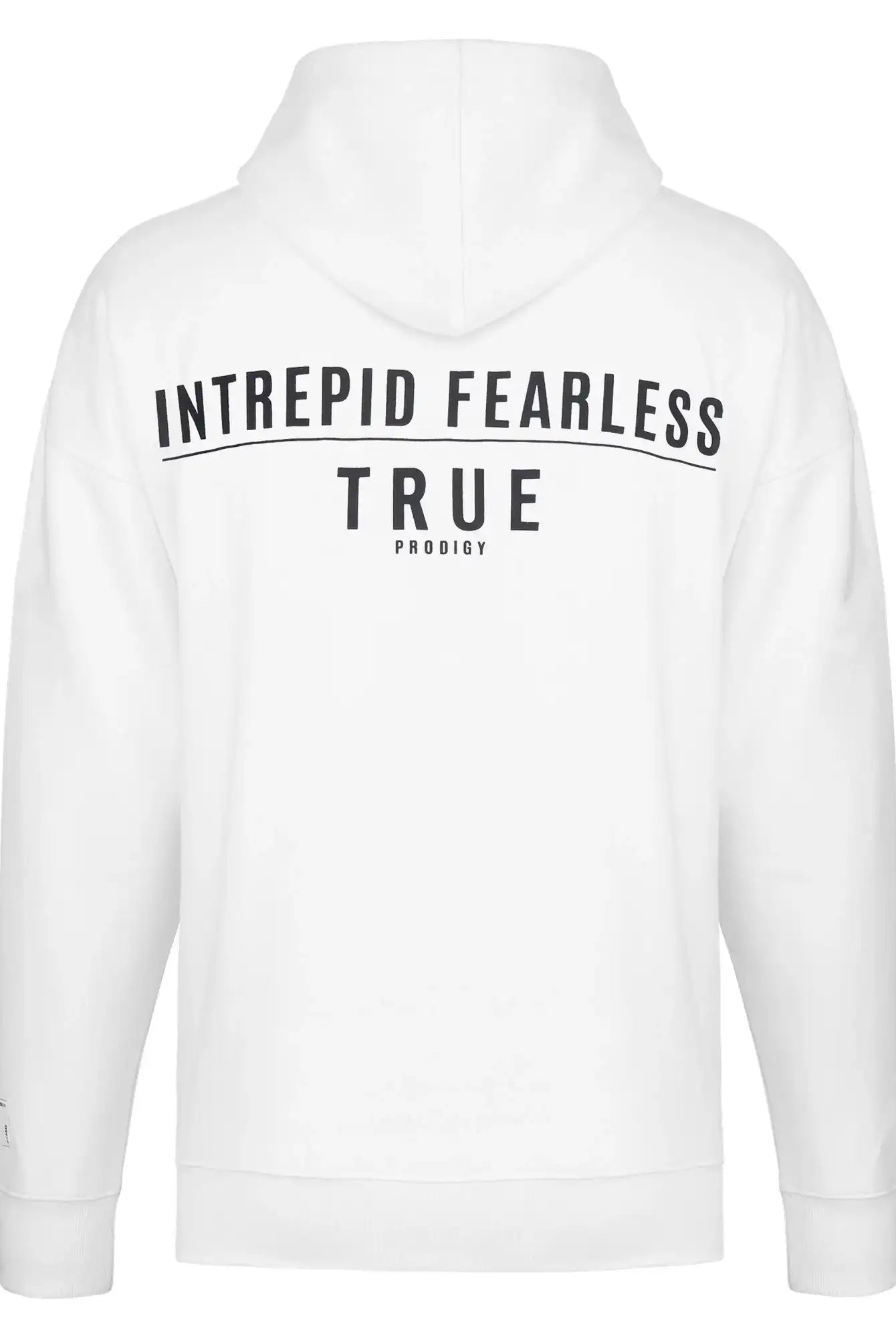 Rückansicht des Aaren Oversized Hoodie mit Print von trueprodigy in Weiß, mit "INTREPID FEARLESS" in fetten schwarzen Buchstaben auf den Schultern und einem kleineren trueprodigy-Logo darunter - eine ideale Mischung aus Komfort und Streetstyle.