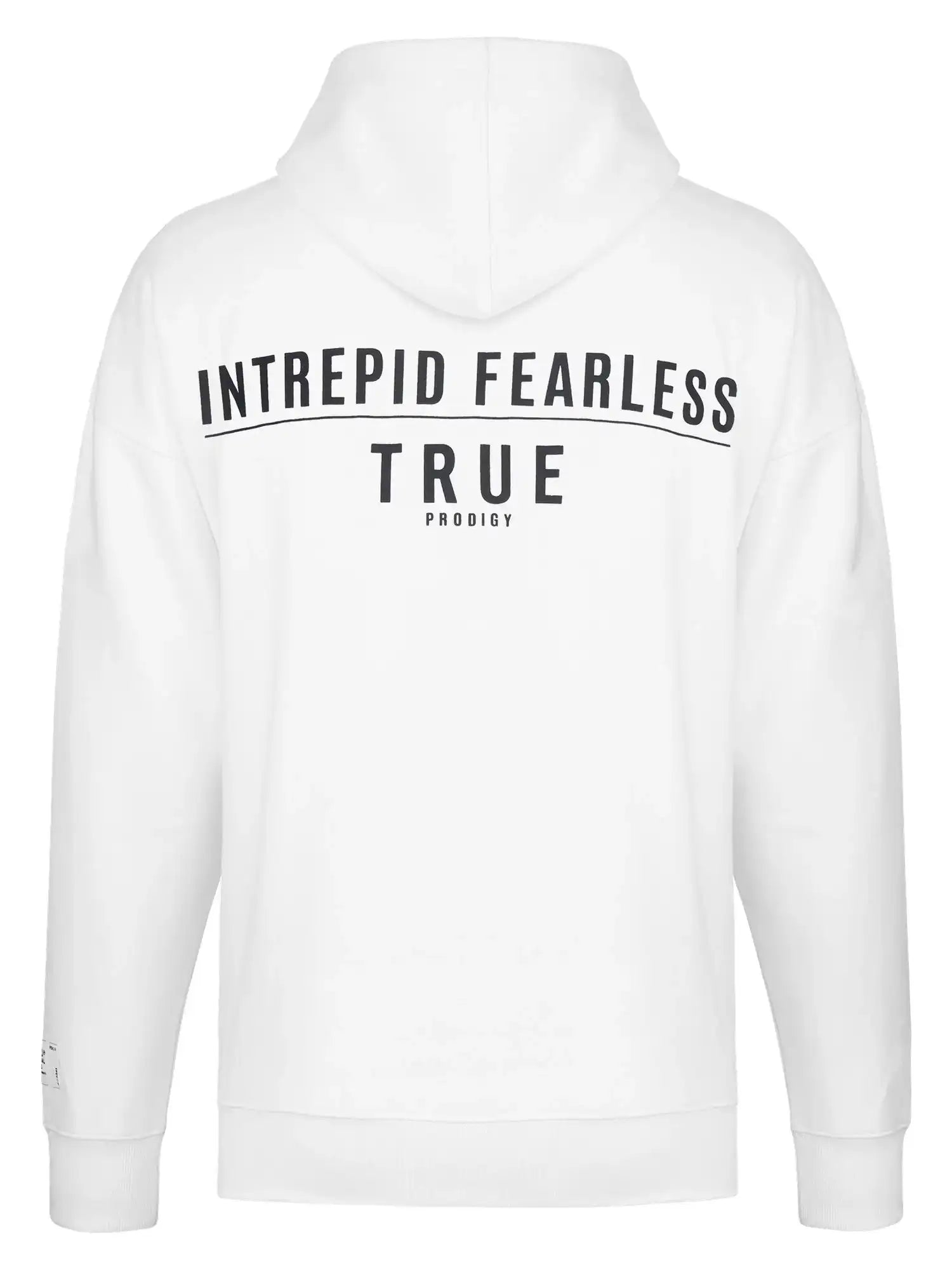 Rückansicht des Aaren Oversized Hoodie mit Print von trueprodigy in Weiß, mit "INTREPID FEARLESS" in fetten schwarzen Buchstaben auf den Schultern und einem kleineren trueprodigy-Logo darunter - eine ideale Mischung aus Komfort und Streetstyle.