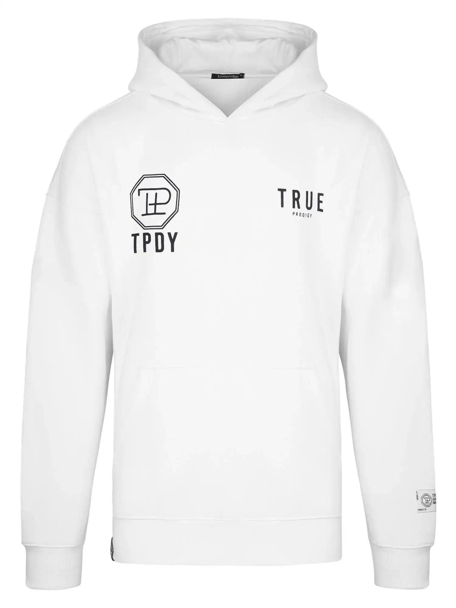 Der Aaren Oversized Hoodie mit Print von trueprodigy ist ein weißer Kapuzenpullover mit schwarzer Brustgrafik - TPDY, ein achteckiges Symbol und "TRUE" - sowie einer Vordertasche und einem kleinen Aufnäher am linken Ärmel.