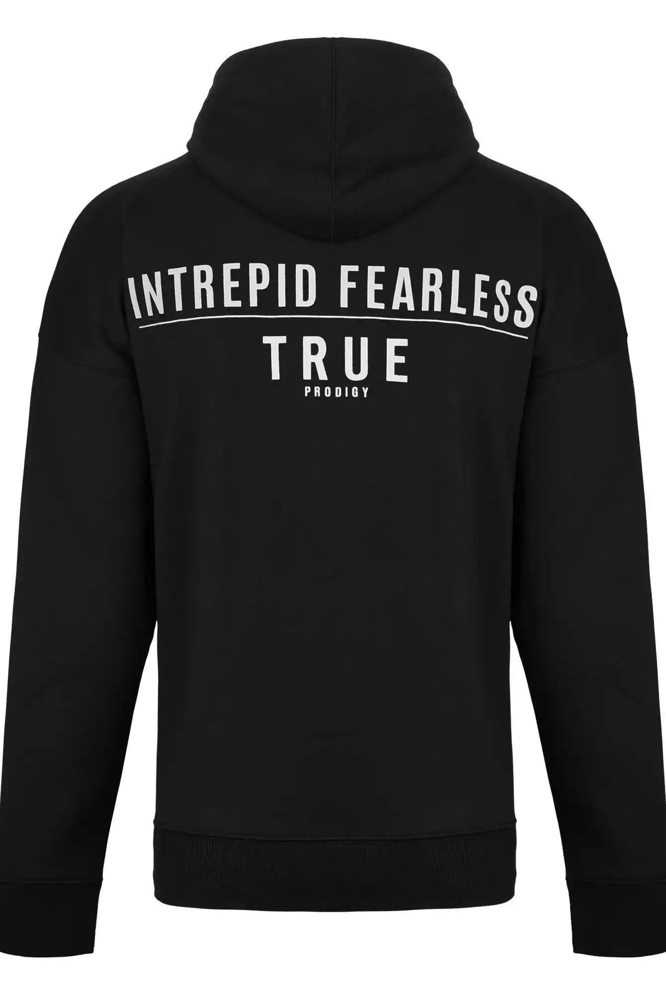 Der Aaren Oversized Hoodie mit Print von trueprodigy zeigt sich von hinten in Schwarz. Der fette weiße "INTREPID FEARLESS"-Schriftzug über dem trueprodigy-Logo sorgt für einen bequemen, auffälligen Style.