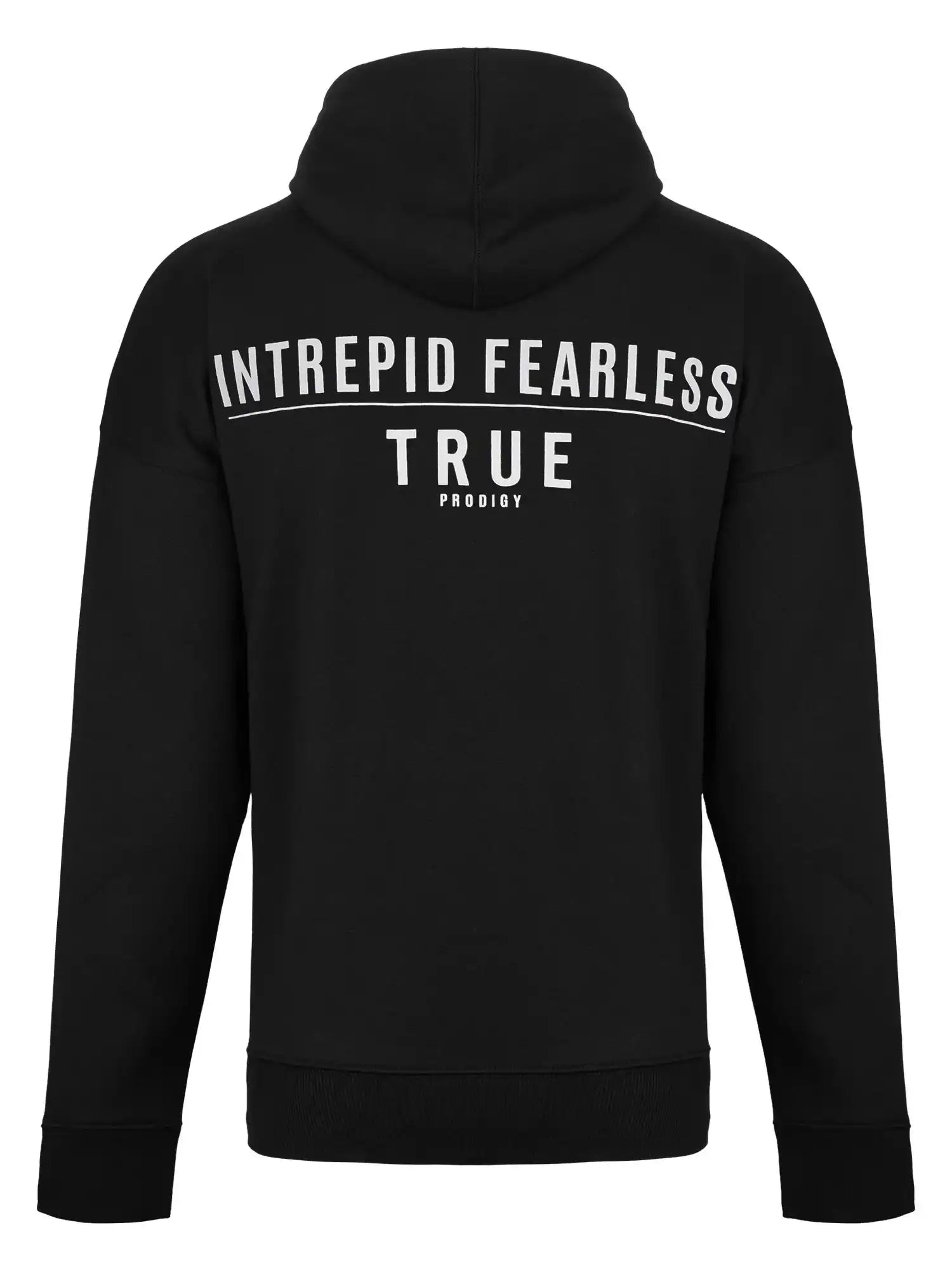 Der Aaren Oversized Hoodie mit Print von trueprodigy zeigt sich von hinten in Schwarz. Der fette weiße "INTREPID FEARLESS"-Schriftzug über dem trueprodigy-Logo sorgt für einen bequemen, auffälligen Style.
