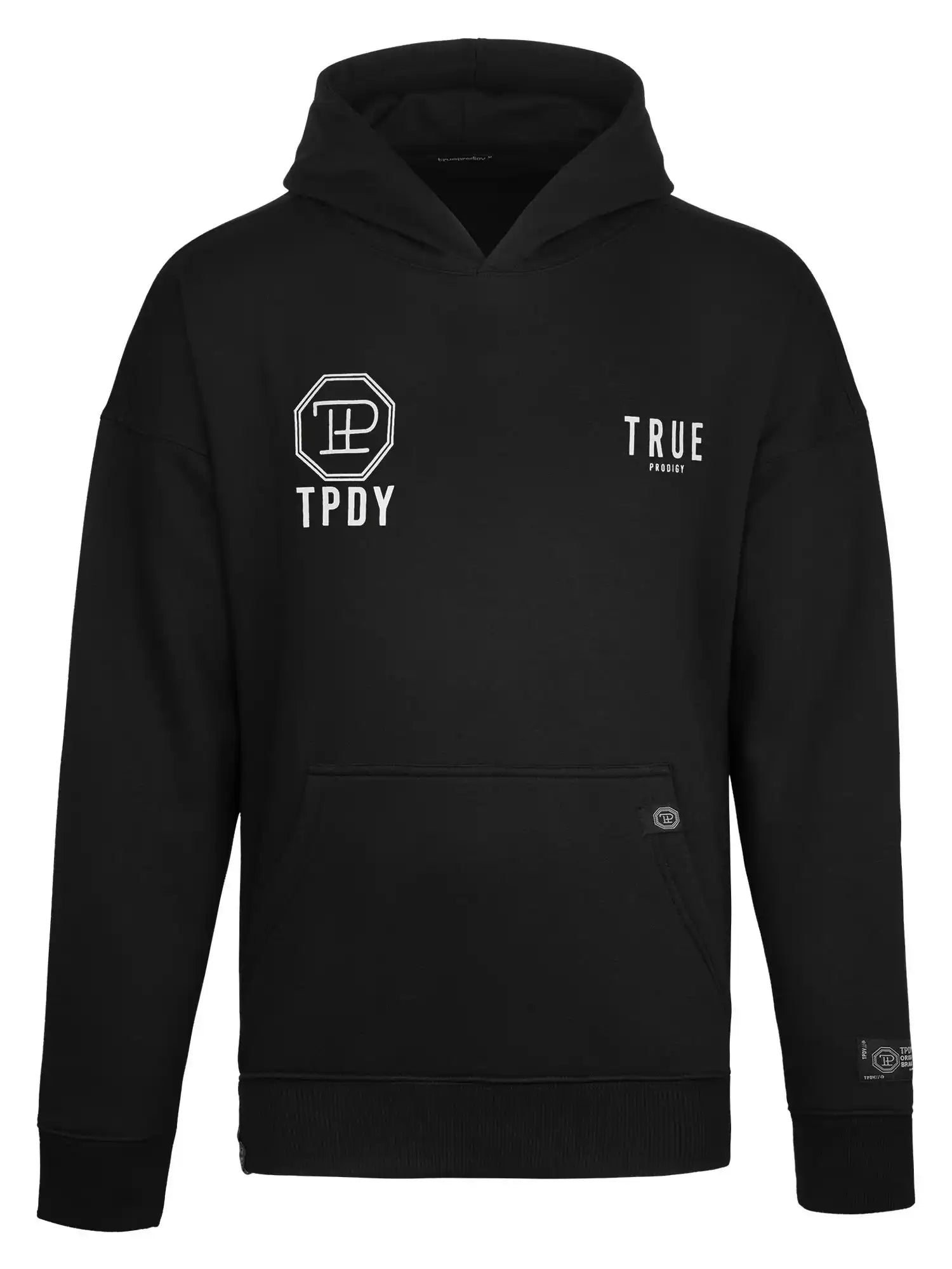 Der Aaren Oversized Hoodie mit Print von trueprodigy ist ein schwarzer Kapuzenpulli mit Fronttasche, weißem "trueprodigy"-Logo, "TPDY"- und "TRUE"-Schriftzug, einem geometrischen Emblem auf der linken Brust sowie Rippbündchen an Ärmeln und Saum für mehr Komfort.