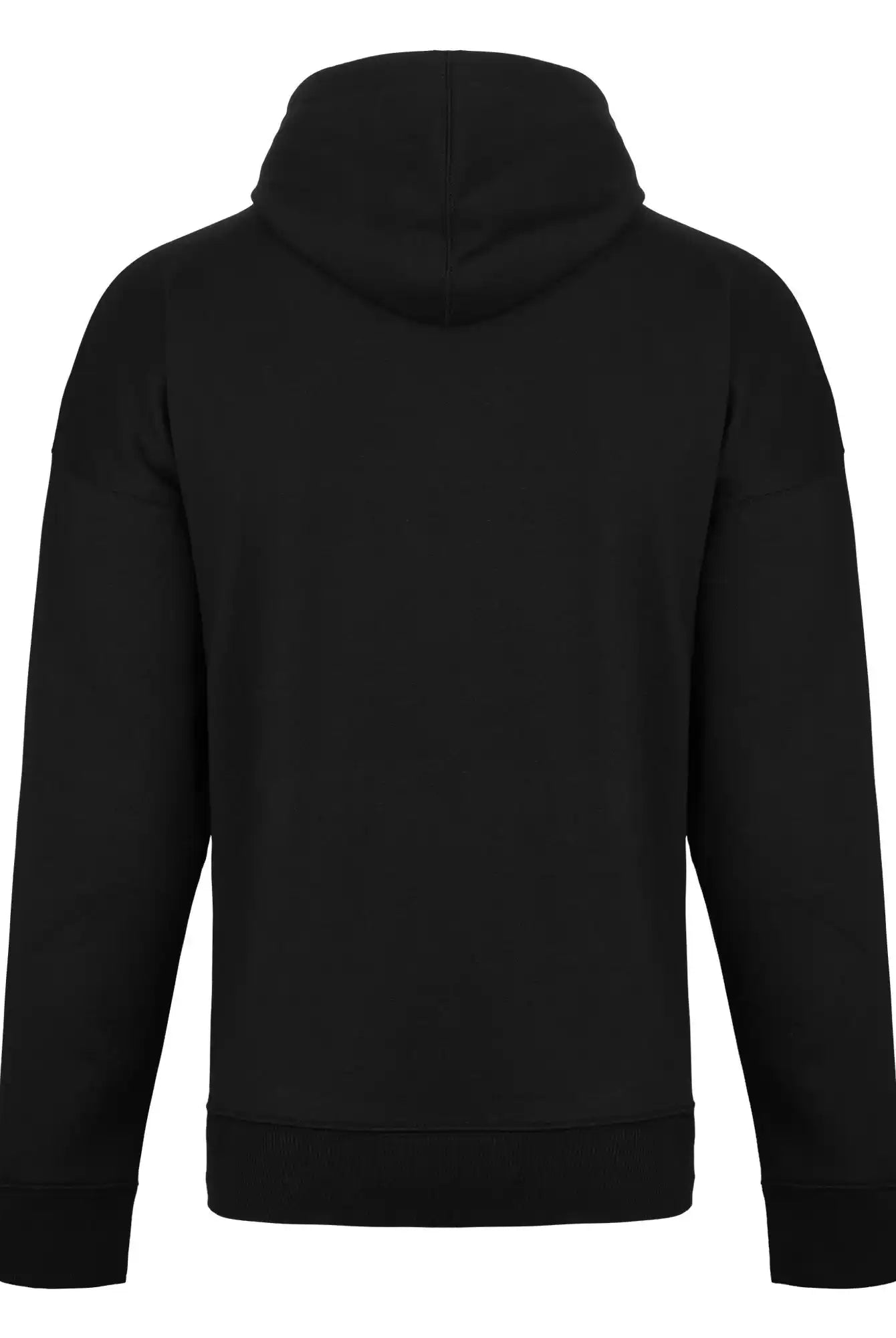 Der von hinten gezeigte trueprodigy Janne Oversized Hoodie mit Print hat lange Ärmel, eine Kapuze, gerippte Bündchen und Saum. Der Unisex-Kapuzenpulli ist einfarbig schwarz und hat keine sichtbaren Logos, Muster oder Taschen.