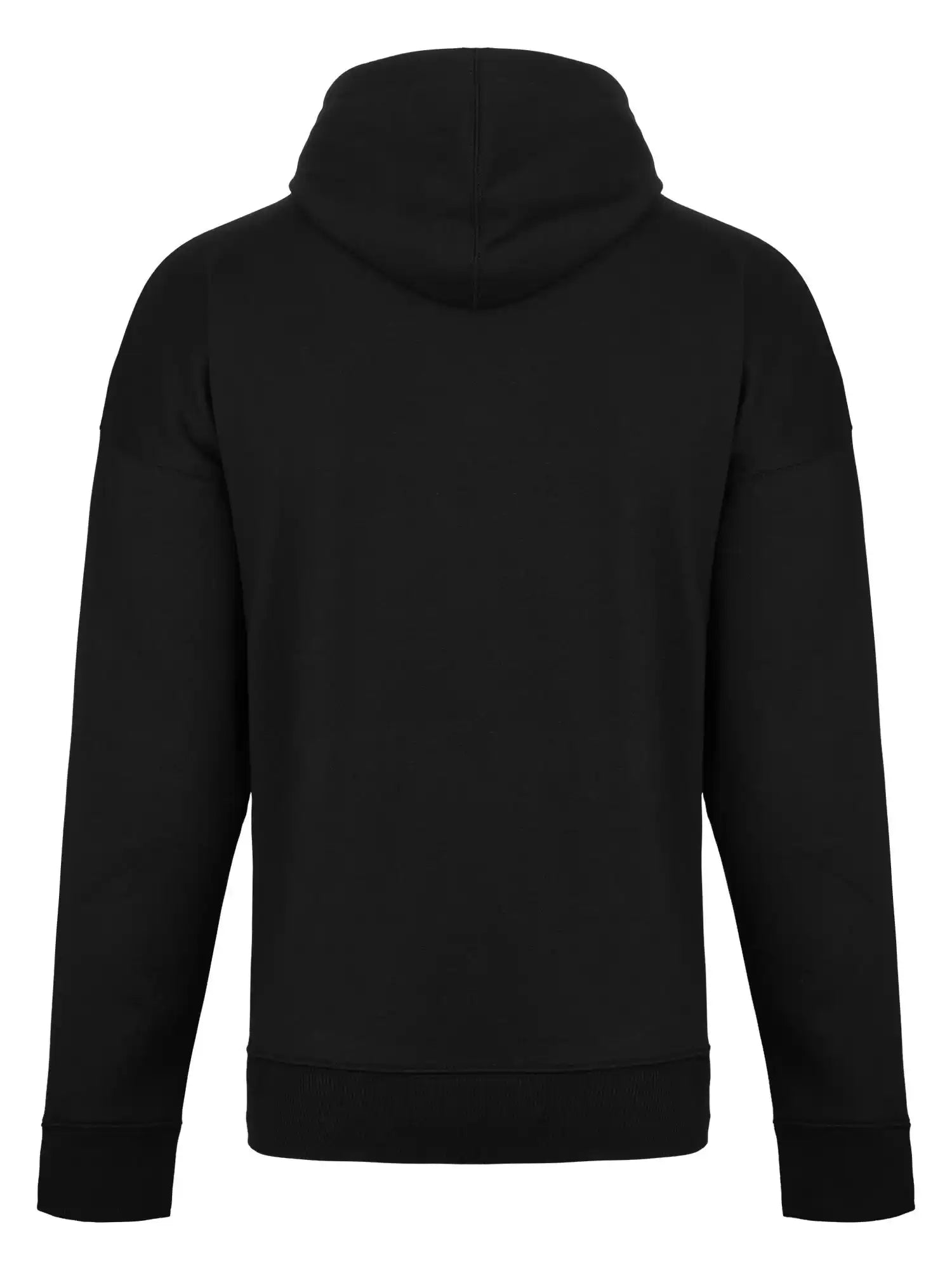 Der von hinten gezeigte trueprodigy Janne Oversized Hoodie mit Print hat lange Ärmel, eine Kapuze, gerippte Bündchen und Saum. Der Unisex-Kapuzenpulli ist einfarbig schwarz und hat keine sichtbaren Logos, Muster oder Taschen.