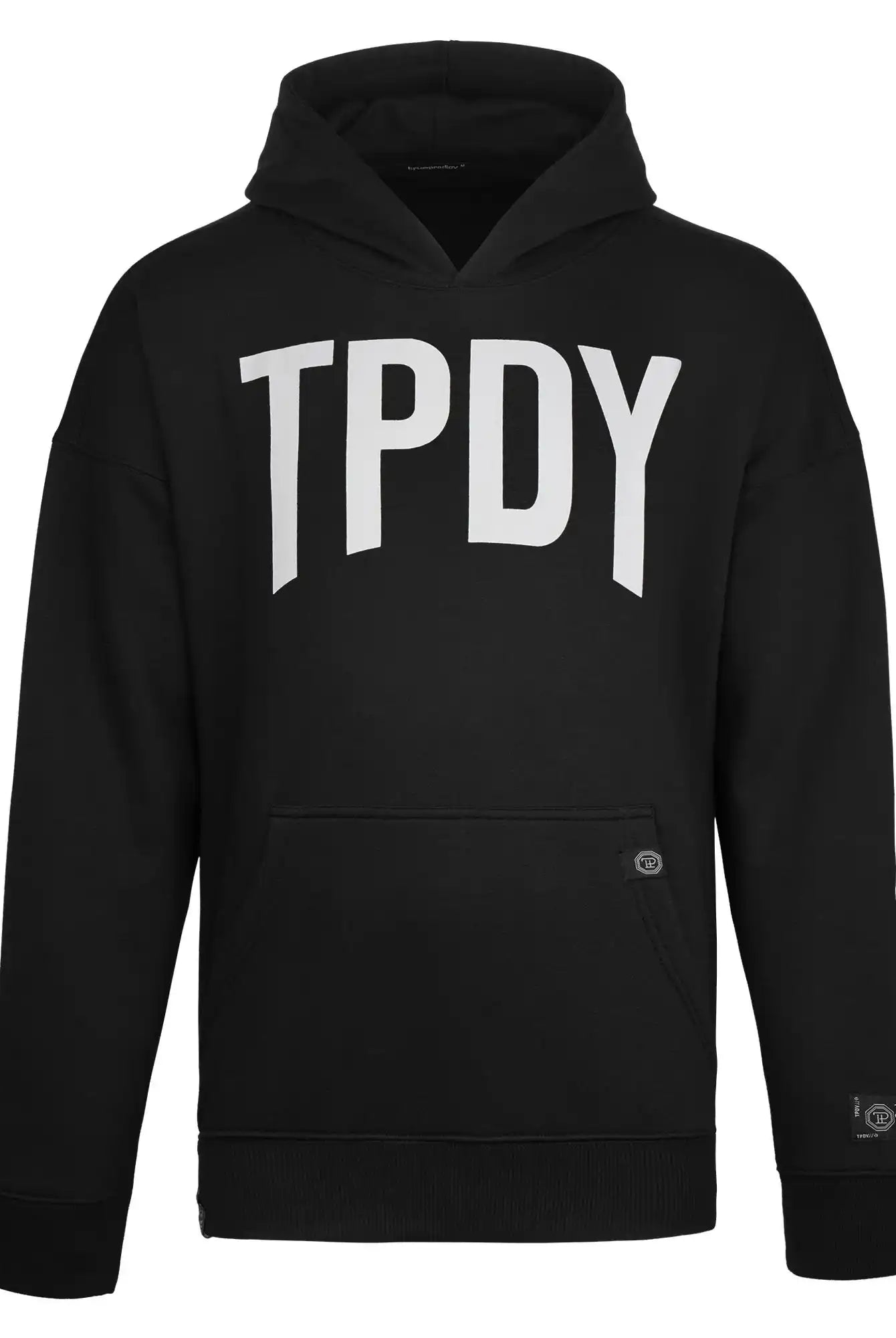 Der Janne Oversized Hoodie mit Print von trueprodigy ist ein schwarzer Unisex-Kapuzenpullover mit Fronttasche und auffälligem weißem "TPDY"-Print, der Komfort und Stil für jeden Tag bietet.