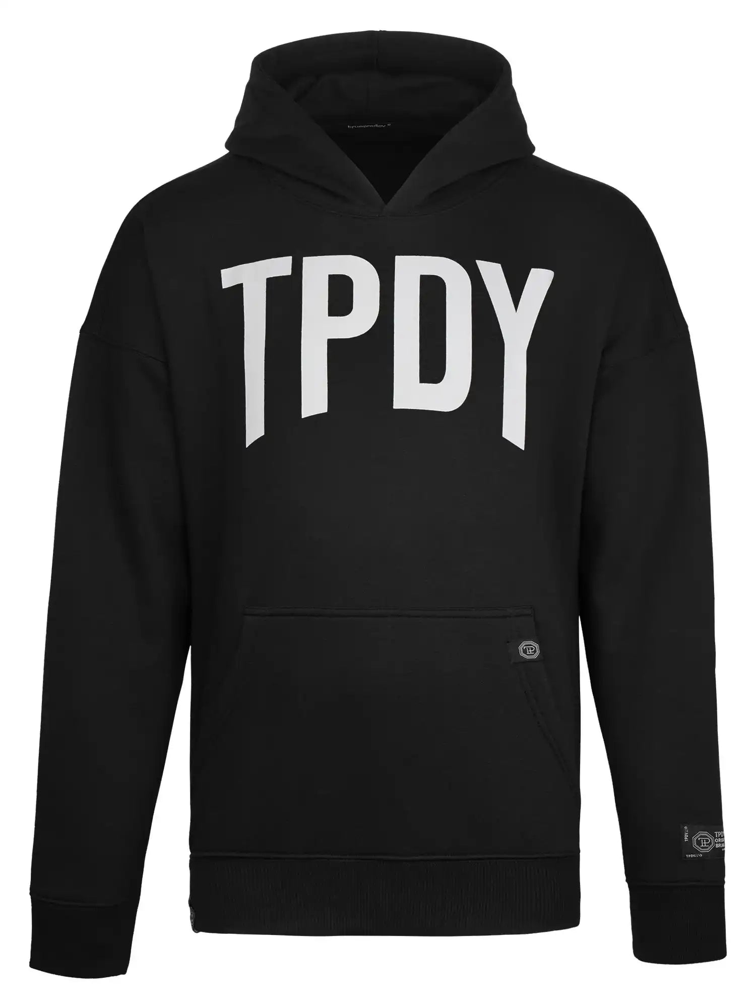Der Janne Oversized Hoodie mit Print von trueprodigy ist ein schwarzer Unisex-Kapuzenpullover mit Fronttasche und auffälligem weißem "TPDY"-Print, der Komfort und Stil für jeden Tag bietet.