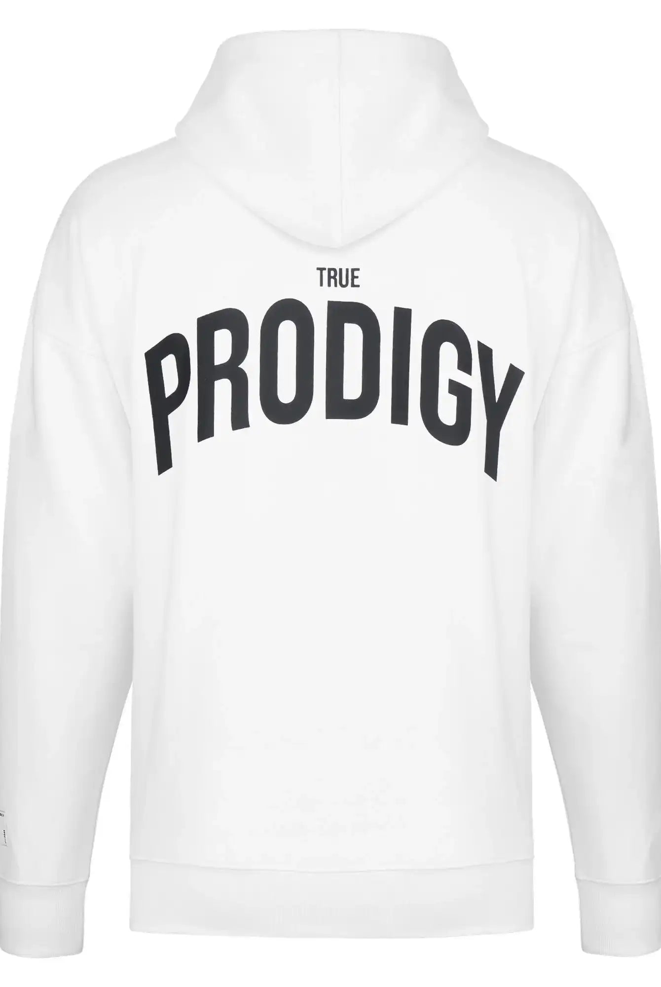 Ein weißer Unisex trueprodigy Quinn Oversized Hoodie mit Print von hinten gesehen, mit PRODIGY in fetten schwarzen Buchstaben und TRUE darüber - ein auffälliger Hingucker Hoodie.