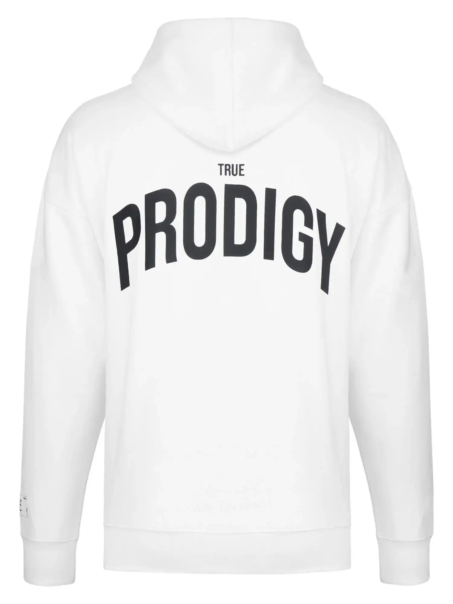 Ein weißer Unisex trueprodigy Quinn Oversized Hoodie mit Print von hinten gesehen, mit PRODIGY in fetten schwarzen Buchstaben und TRUE darüber - ein auffälliger Hingucker Hoodie.