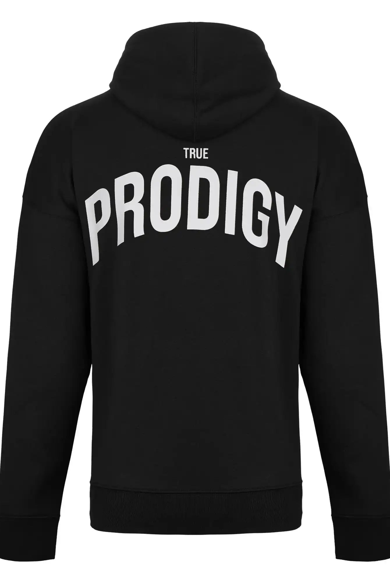 Der von hinten gezeigte Quinn Oversized Hoodie mit Print von trueprodigy hat einen auffälligen weißen "PRODIGY"-Schriftzug und darüber den Schriftzug "TRUE" - ein stylischer Unisex-Kapuzenpullover, mit dem man ein Statement setzen kann.