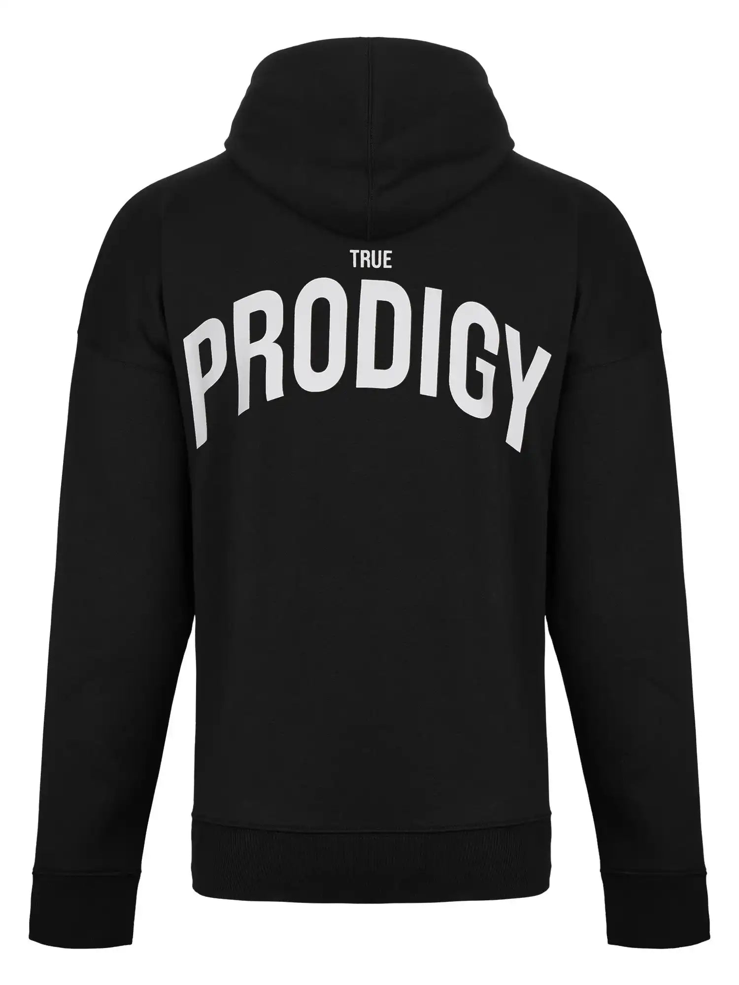 Der von hinten gezeigte Quinn Oversized Hoodie mit Print von trueprodigy hat einen auffälligen weißen "PRODIGY"-Schriftzug und darüber den Schriftzug "TRUE" - ein stylischer Unisex-Kapuzenpullover, mit dem man ein Statement setzen kann.