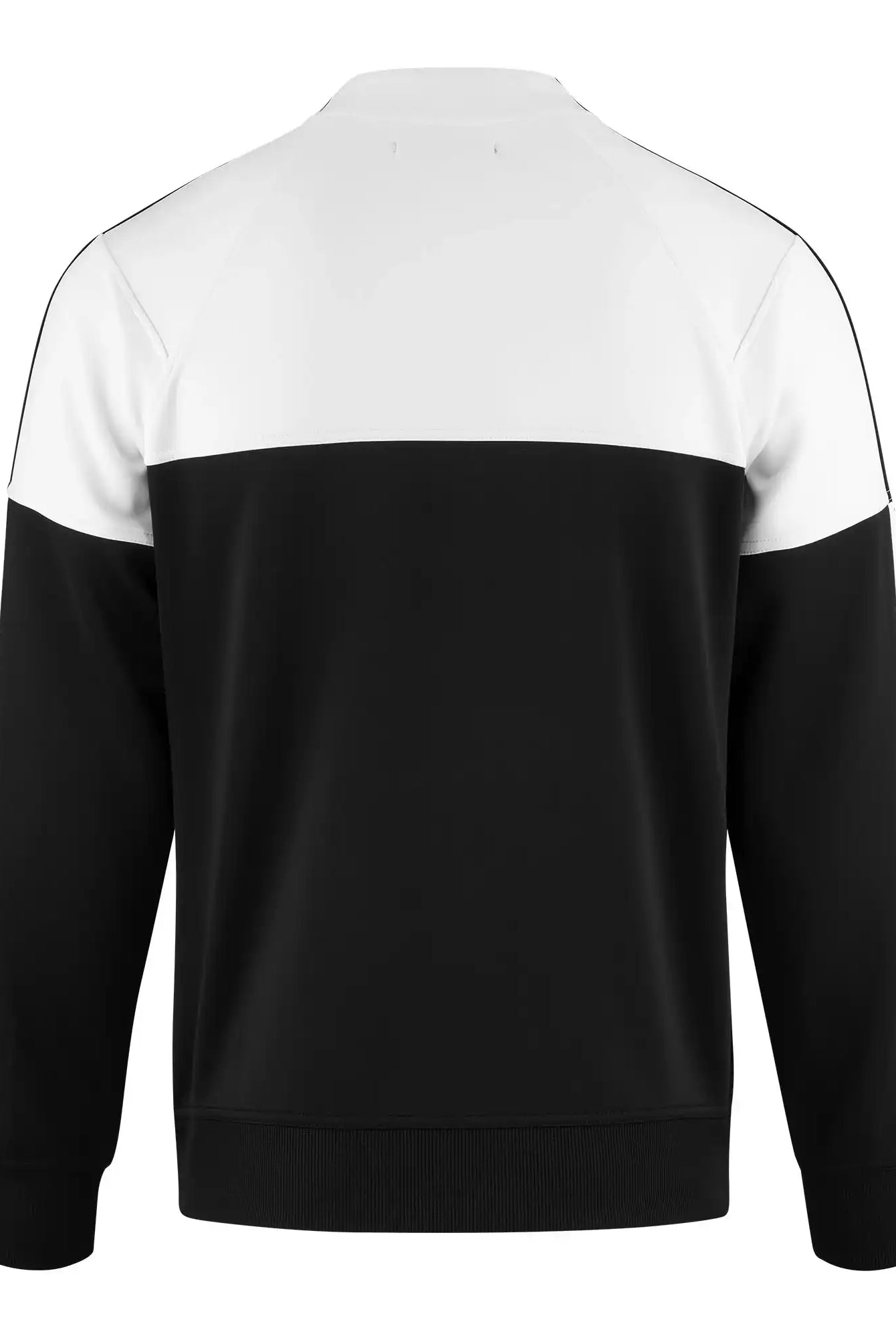Das Owen Sweatshirt mit Reißverschluss von trueprodigy zeigt sich von hinten und besticht durch ein auffälliges Farbblock-Design mit weißem Oberteil, schwarzem Unterteil, schwarzen Ärmeln mit weißen Schultern und einem klassischen Rundhalsausschnitt.