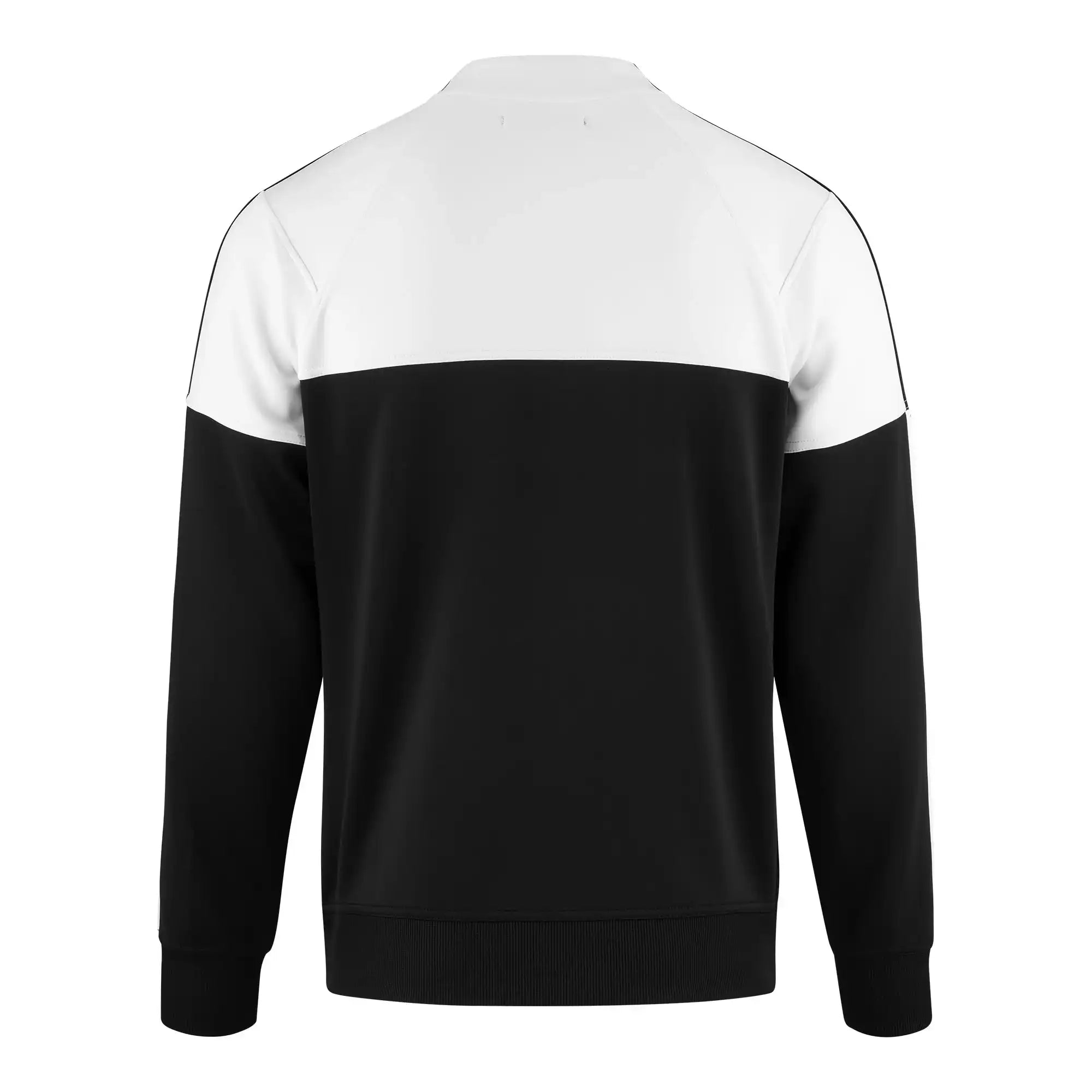 Das Owen Sweatshirt mit Reißverschluss von trueprodigy zeigt sich von hinten und besticht durch ein auffälliges Farbblock-Design mit weißem Oberteil, schwarzem Unterteil, schwarzen Ärmeln mit weißen Schultern und einem klassischen Rundhalsausschnitt.