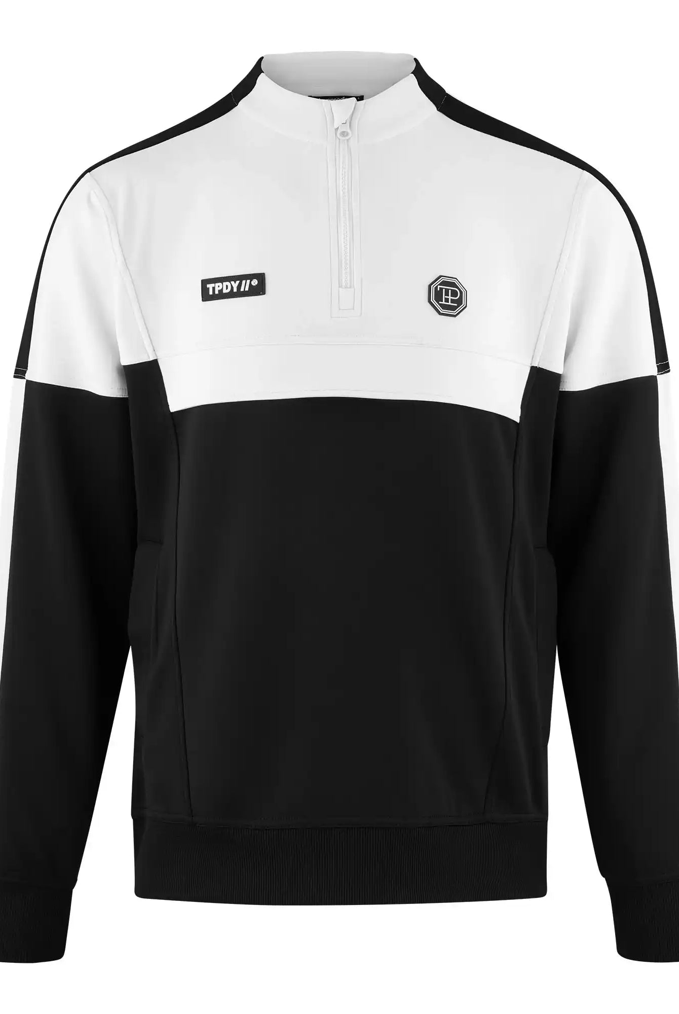 Das Owen Sweatshirt mit Reißverschluss von trueprodigy hat ein schwarz-weißes Farbblockdesign mit hohem Kragen, Frontreißverschluss und zwei Brustlogos. Der obere Teil und die Schultern sind weiß, während die Ärmel und die untere Hälfte schwarz sind.