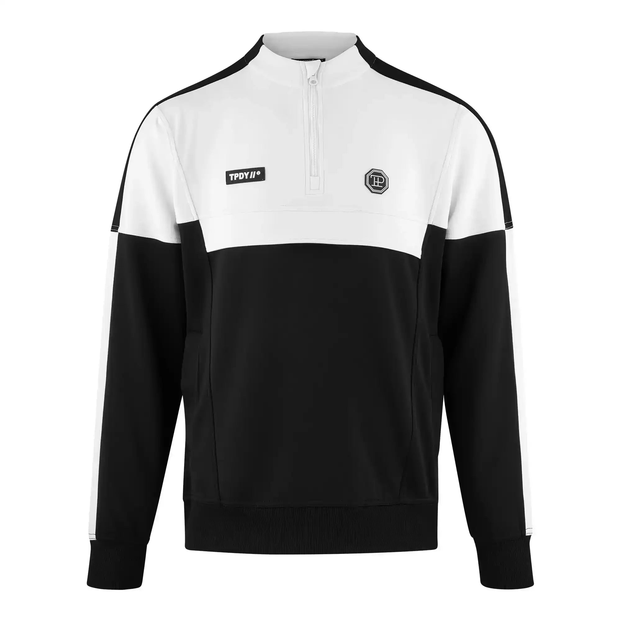 Das Owen Sweatshirt mit Reißverschluss von trueprodigy hat ein schwarz-weißes Farbblockdesign mit hohem Kragen, Frontreißverschluss und zwei Brustlogos. Der obere Teil und die Schultern sind weiß, während die Ärmel und die untere Hälfte schwarz sind.
