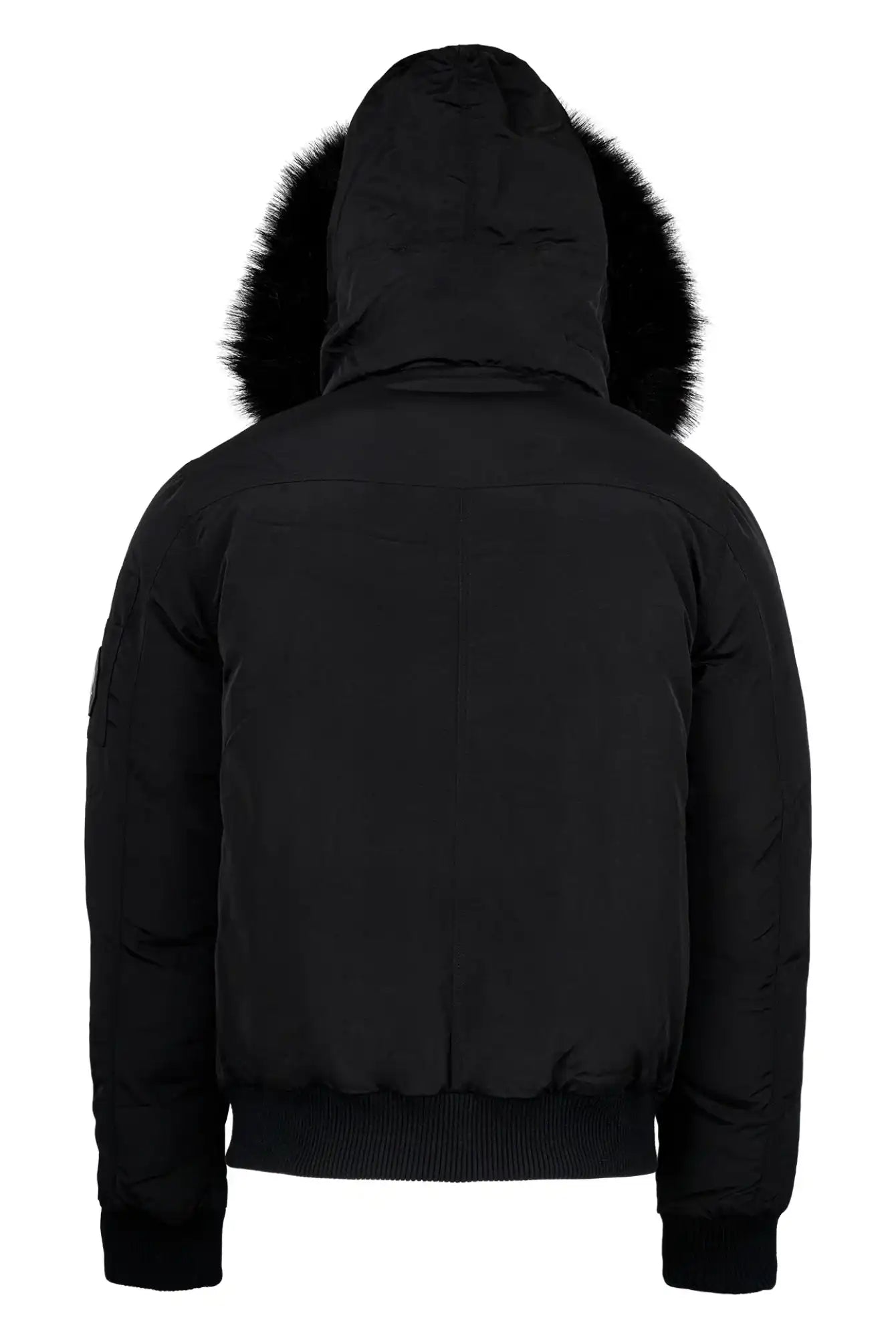 Der schwarze Noah Winterparka mit Kapuze und Kunstfell von trueprodigy zeigt sich von hinten und verfügt über eine abnehmbare Kapuze mit Kunstfellbesatz, Rippbündchen an Ärmeln und Bund sowie ein schlichtes Design ohne sichtbare Logos oder Muster.