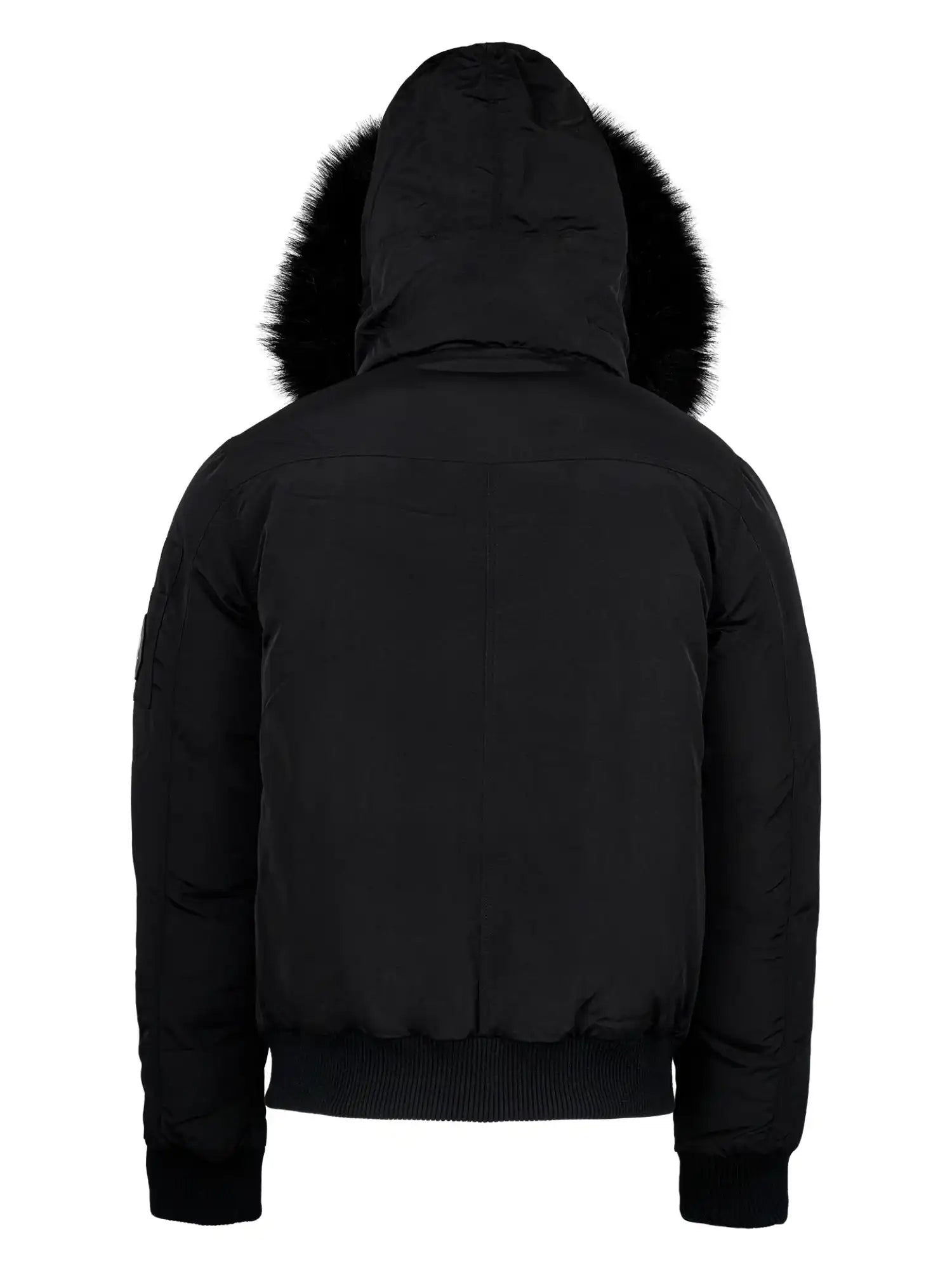 Der schwarze Noah Winterparka mit Kapuze und Kunstfell von trueprodigy zeigt sich von hinten und verfügt über eine abnehmbare Kapuze mit Kunstfellbesatz, Rippbündchen an Ärmeln und Bund sowie ein schlichtes Design ohne sichtbare Logos oder Muster.