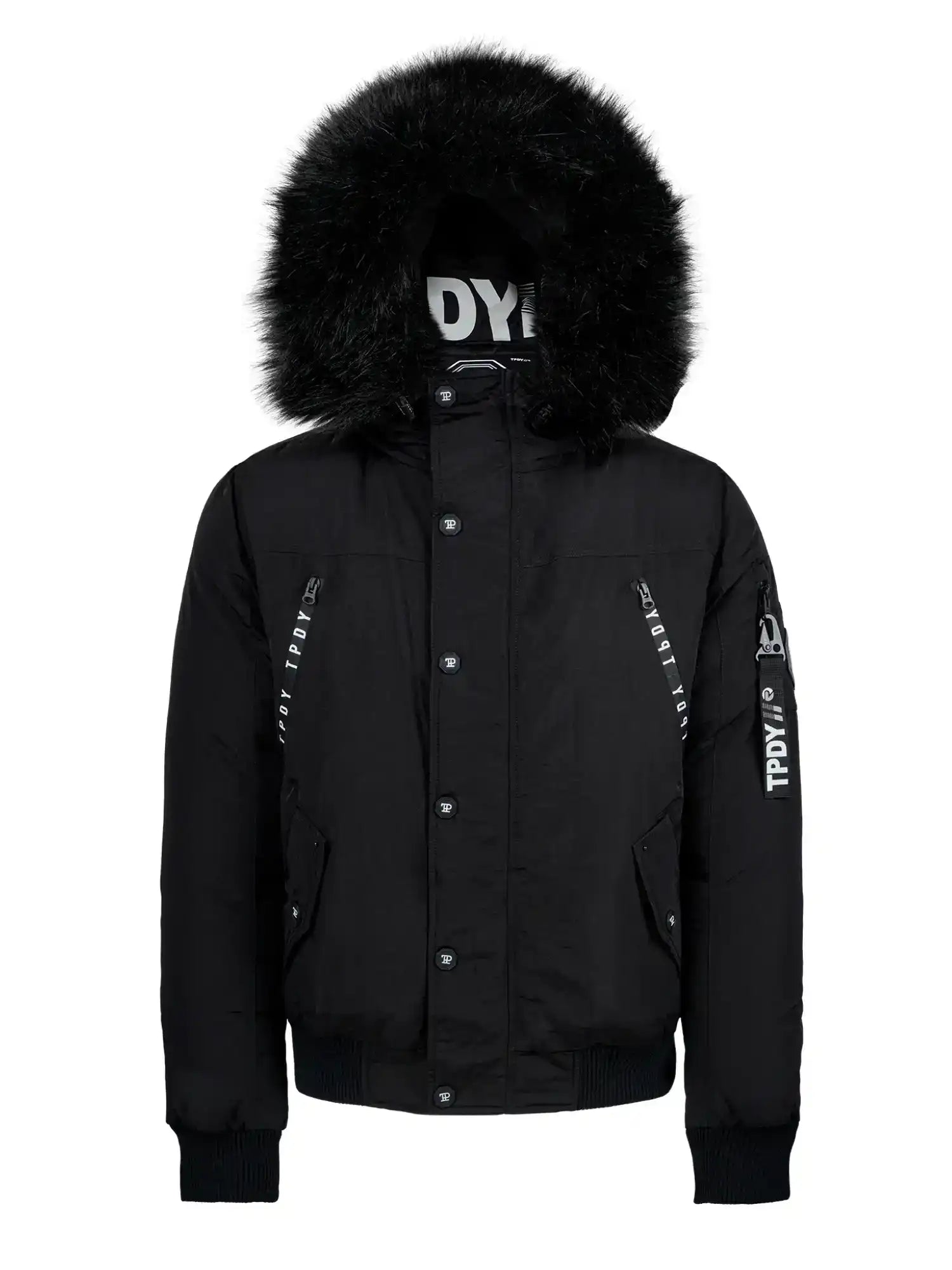 Die Noah Winterparka mit Kapuze und Kunstfell von trueprodigy ist eine schwarze Jacke mit abnehmbarem Kapuze, großem Kunstfellbesatz, Frontzipper, Knopfleiste, schrägen Taschen, Rippbündchen und weißen Textakzenten auf Brust und linkem Ärmel.